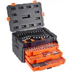 Front. VEVOR - Mechanics Tool Set and Socket Set, 450 Pcs, 1/4, 3/8 and 1/2 inch Drive Deep and Standard Sockets - Black; Orange.