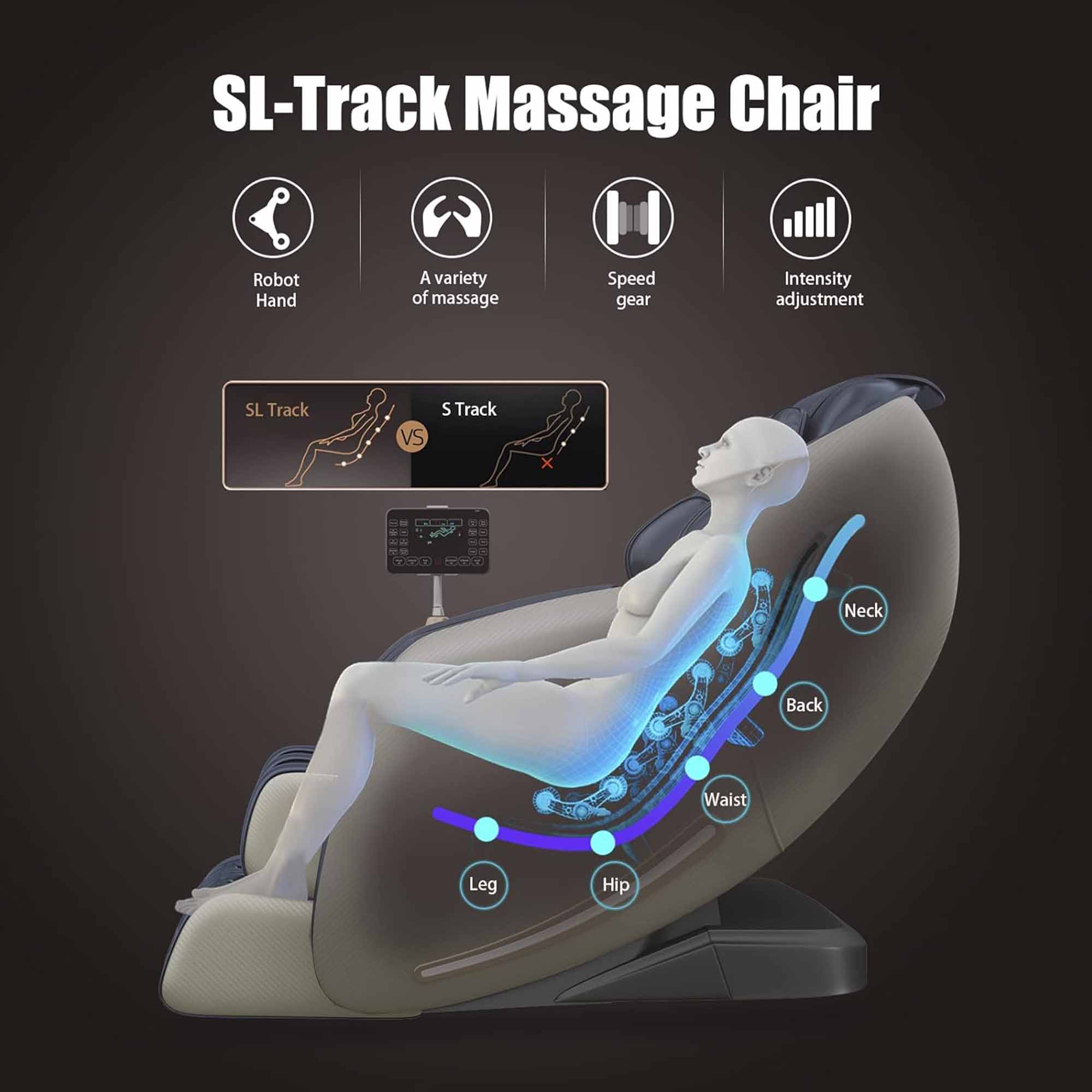 SL-Track Massage Chair

- Robot Hand
- A variety of massage
- Speed gear
- Intensity adjustment

SL Track vs S Track

- Neck
- Back
- Waist
- Hip
- Leg