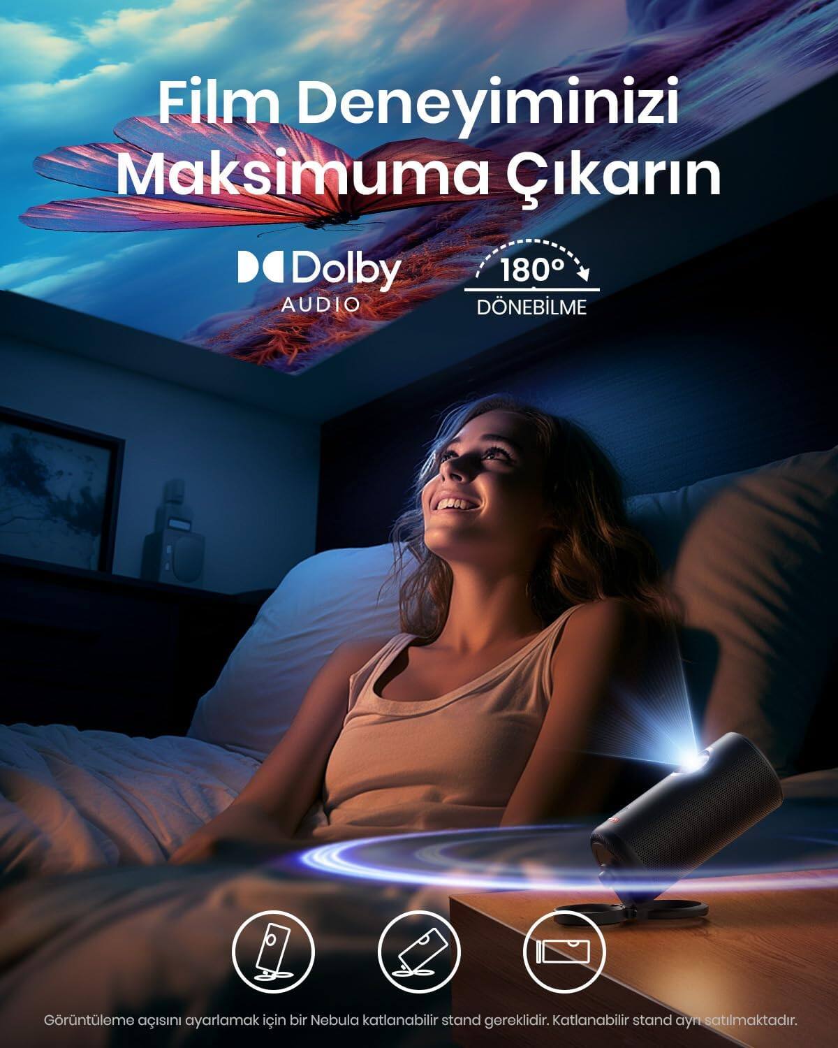 Film Deneyiminizi Maksimuma Çıkartın  
Dolby 180 AUDIO  
DÖNEBİLME  

Görüntüleme açısını ayarlamak için bir Nebula katlanabilir stand gereklidir. Katlanabilir stand ayrı satılmaktadır.