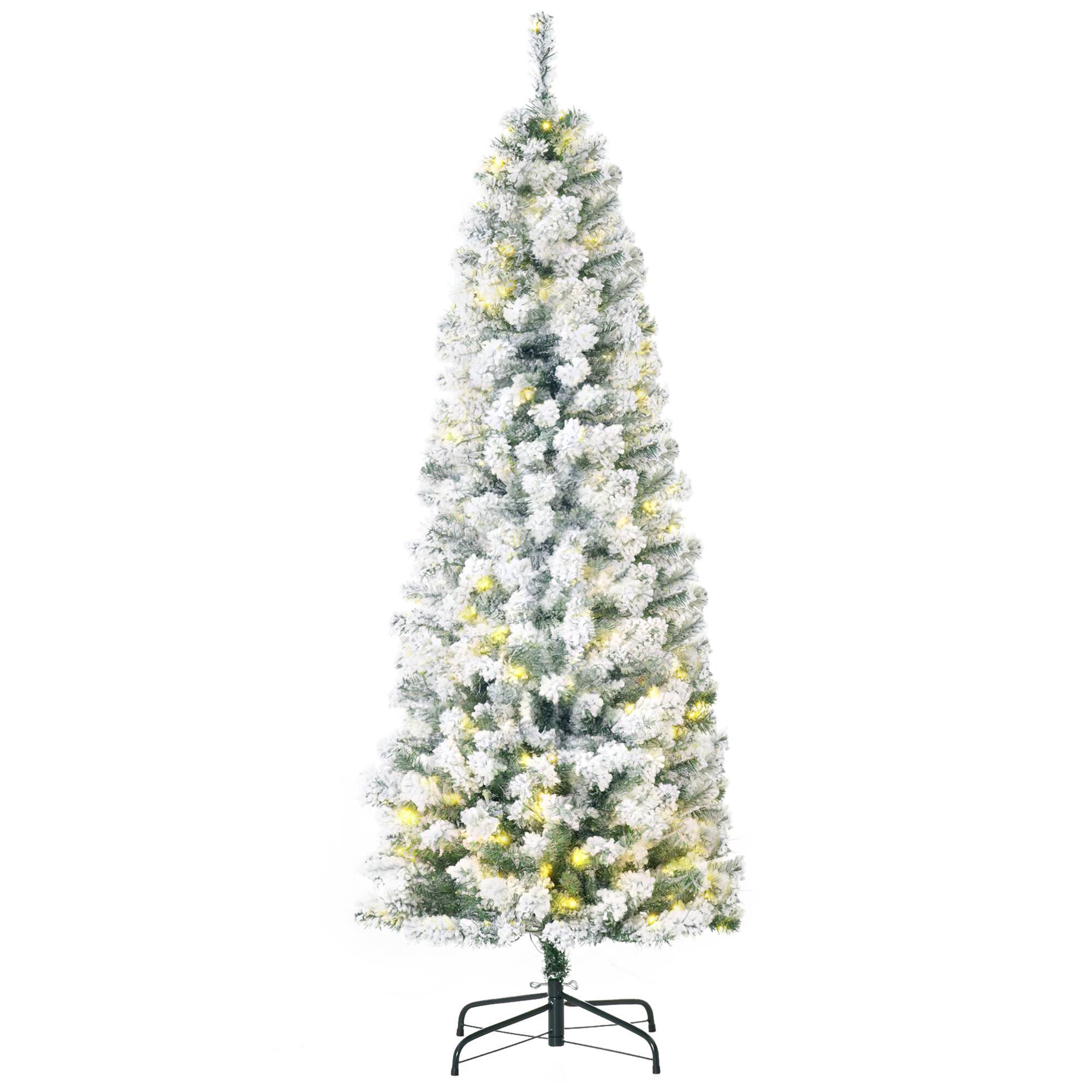 Homcom - Prelit Snow-Flocked Artificial Christmas Tree, Slim Xmas Tree with 250 LED Lights and 462 Branches - Green