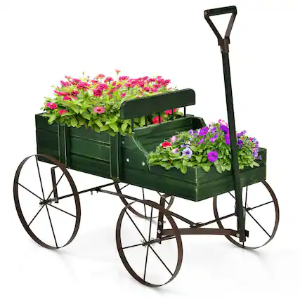 Front. Costway - Garden Plant Planter Wooden Wagon Planter W/ Wheel Garden Yard - Green.