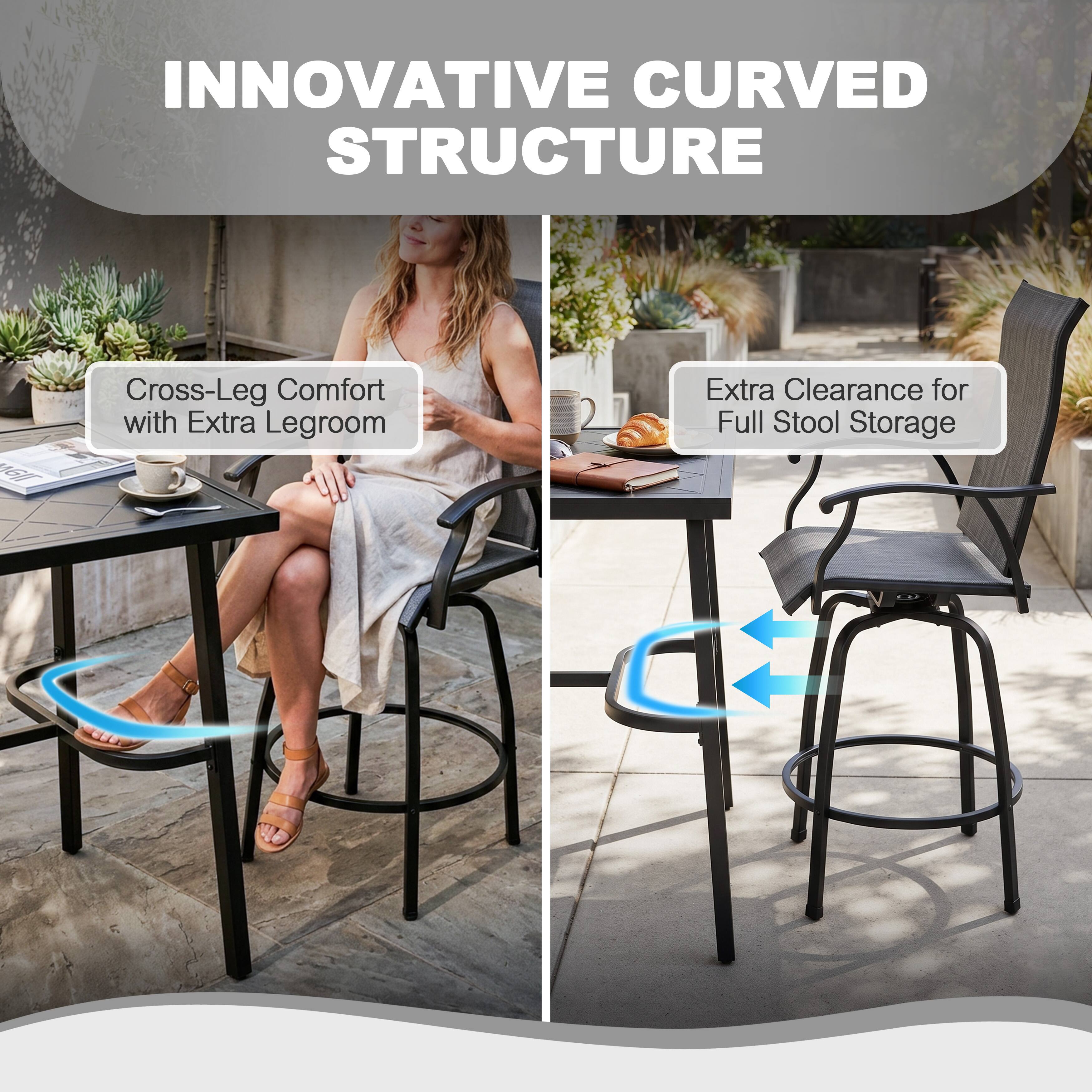 INNOVATIVE CURVED STRUCTURE

- Cross-Leg Comfort with Extra Legroom
- Extra Clearance for Full Stool Storage