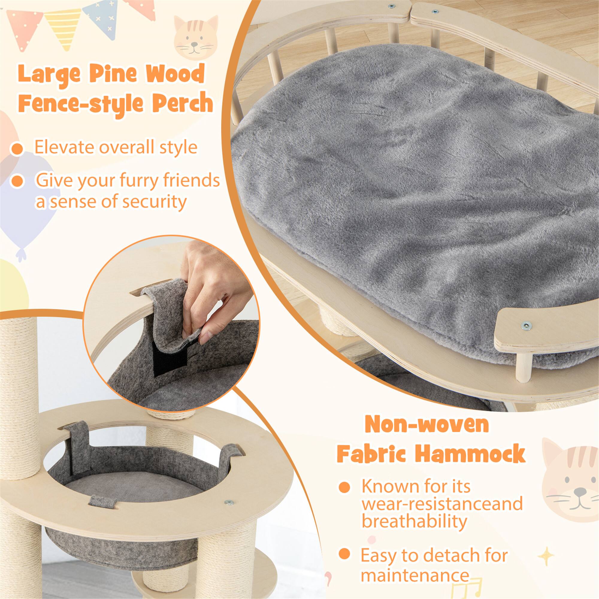 Large Pine Wood Fence-style Perch  
- Elevate overall style  
- Give your furry friends a sense of security  

Non-woven Fabric Hammock  
- Known for its wear-resistance and breathability  
- Easy to detach for maintenance