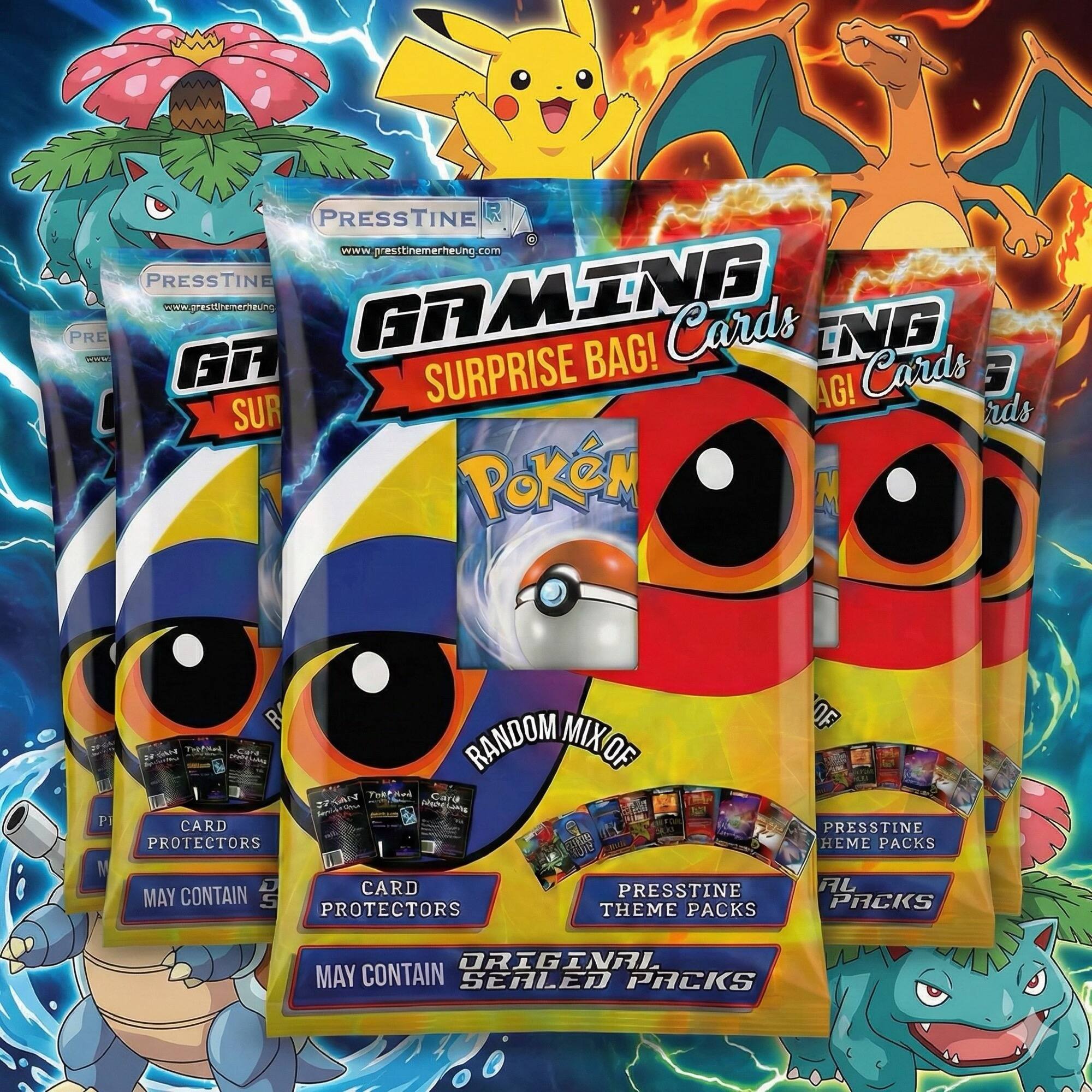 PRESSSTINE R  
www.presstineherheung.com  
PRESSSTINE  
GAMING Cards SURPRISE BAG!  
Cards  
RANDOM MIX OF  
PRESSSTINE THEME PACKS  
CARD PROTECTORS  
MAY CONTAIN SEALED PACKS  
ORIGINAL PACKS