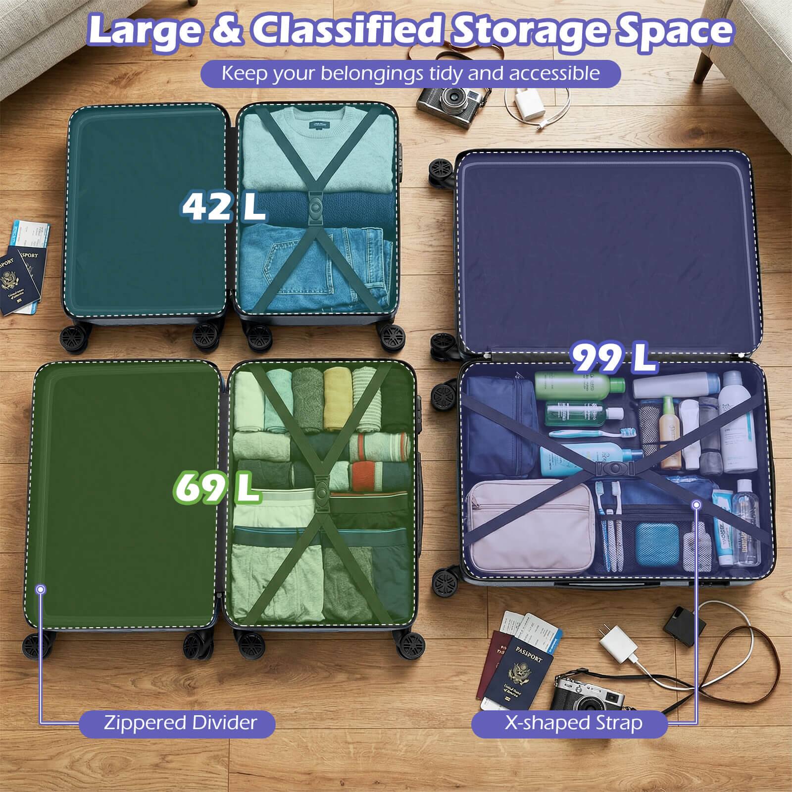 Large & Classified Storage Space  
Keep your belongings tidy and accessible  

42 L  
69 L  
99 L  

Zippered Divider  
X-shaped Strap
