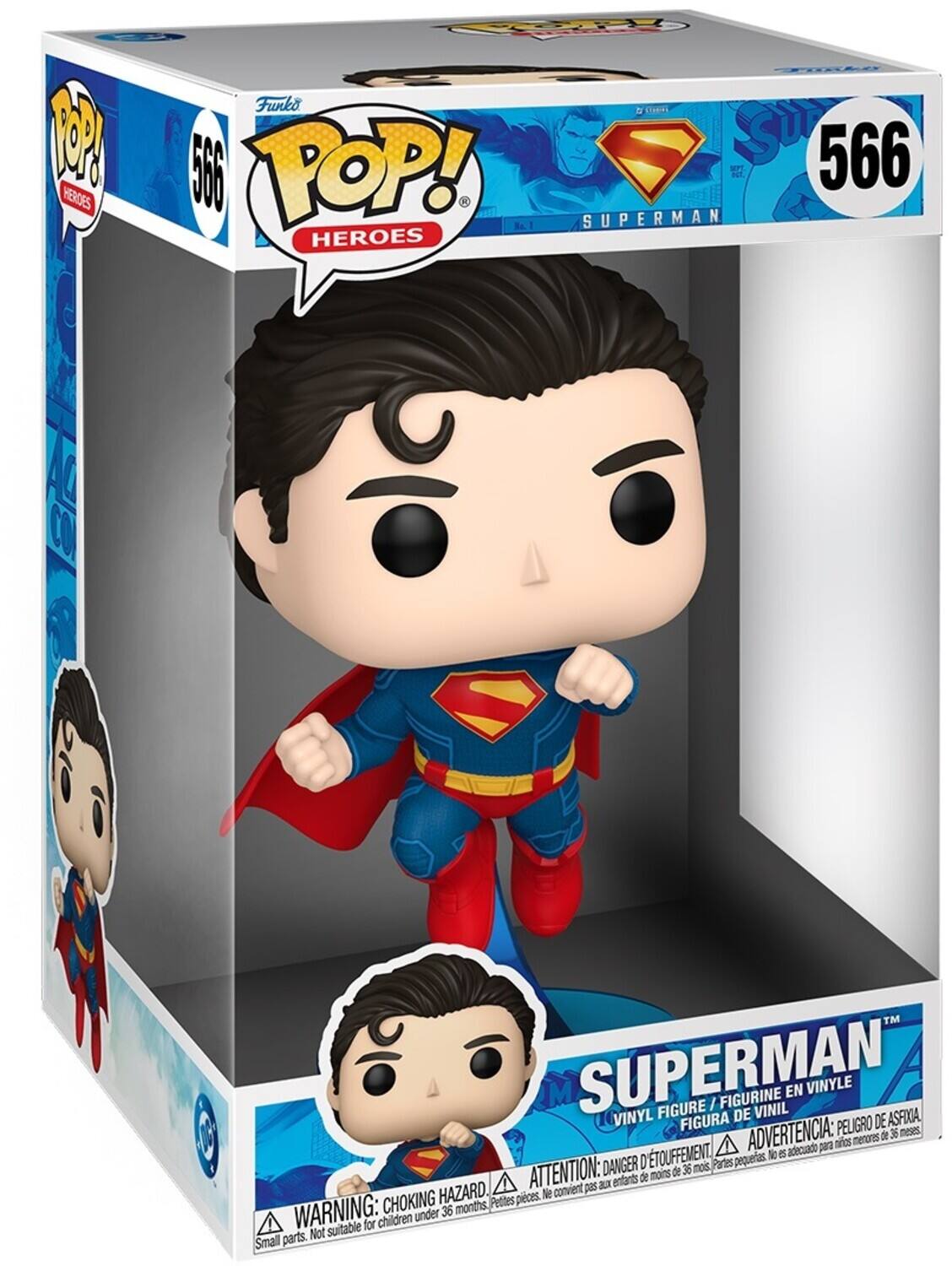 Sure, here is the corrected and grouped text from the image:

---

**Funko POP! Heroes**

**566**

**Superman**

**Vinyl Figure / Figurine en Vinyle / Figura de Vinilo**

**WARNING: CHOKING HAZARD - Small parts. Not suitable for children under 36 months.**

**ATTENTION: DANGER D'ÉTOUFFEMENT - Pièces petites. Ne convient pas aux enfants de moins de 36 mois.**

**ADVERTENCIA: PELIGRO DE ASFIXIA - Piezas pequeñas. No es adecuado para niños menores de 36 meses.**

---

This text is from the packaging of the Funko POP! Superman figure.