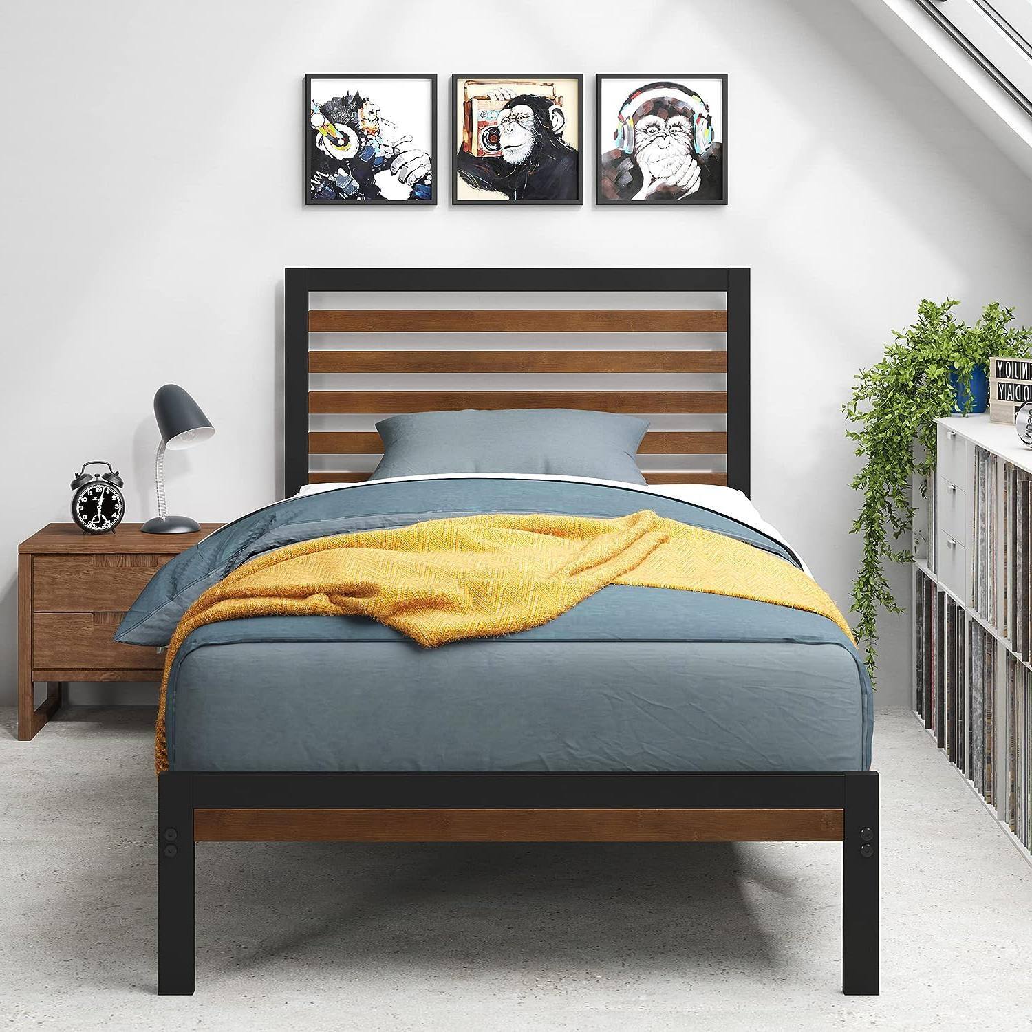 Angle. Hivvago - Hivvago Twin Metal Platform Bed Frame with Bamboo Wood Slatted Headboard and Footboard - Brown.