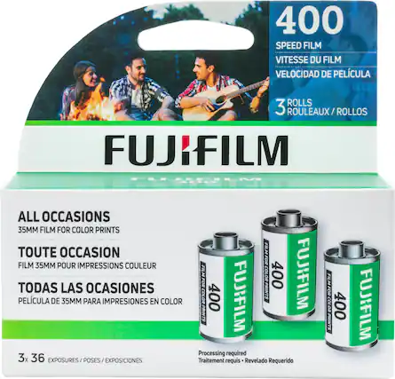 400 SPEED FILM
VITESSE DU FILM
VELOCIDAD DE PELÍCULA
3 ROLLS / ROULEAUX / ROLLOS
FUJIFILM
ALL OCCASIONS
35MM FILM FOR COLOR PRINTS
TOUTE OCCASION
FILM 35MM POUR IMPRESSIONS COULEUR
TODAS LAS OCASIONES
PELÍCULA DE 35MM PARA IMPRESIONES EN COLOR
3x 36 EXPOSURES / POSES / EXPOSICIONES
Processing required
Traitement requis
Revelado Requerido
FUJIFILM