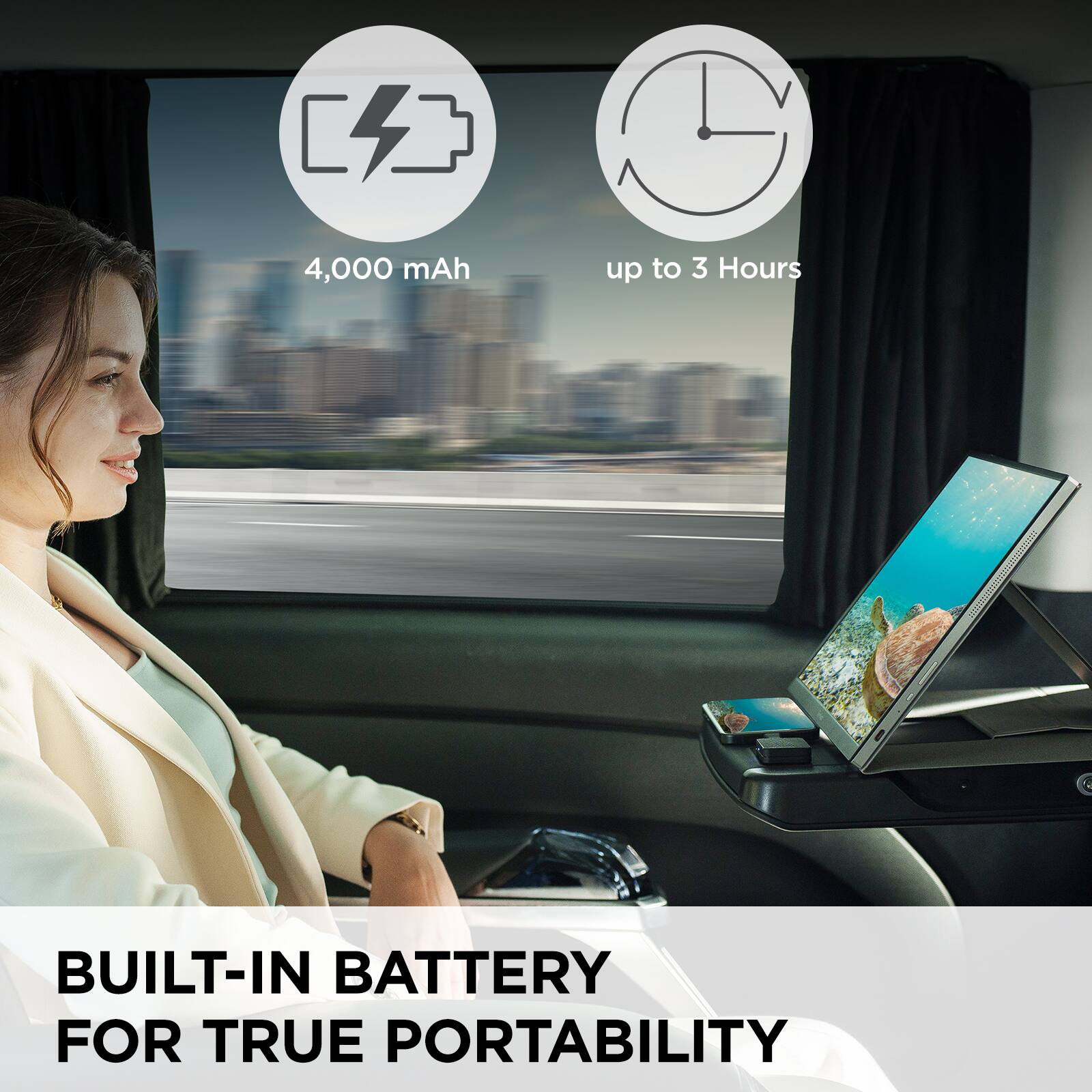 4,000 mAh up to 3 Hours | BUILT-IN BATTERY FOR TRUE PORTABILITY