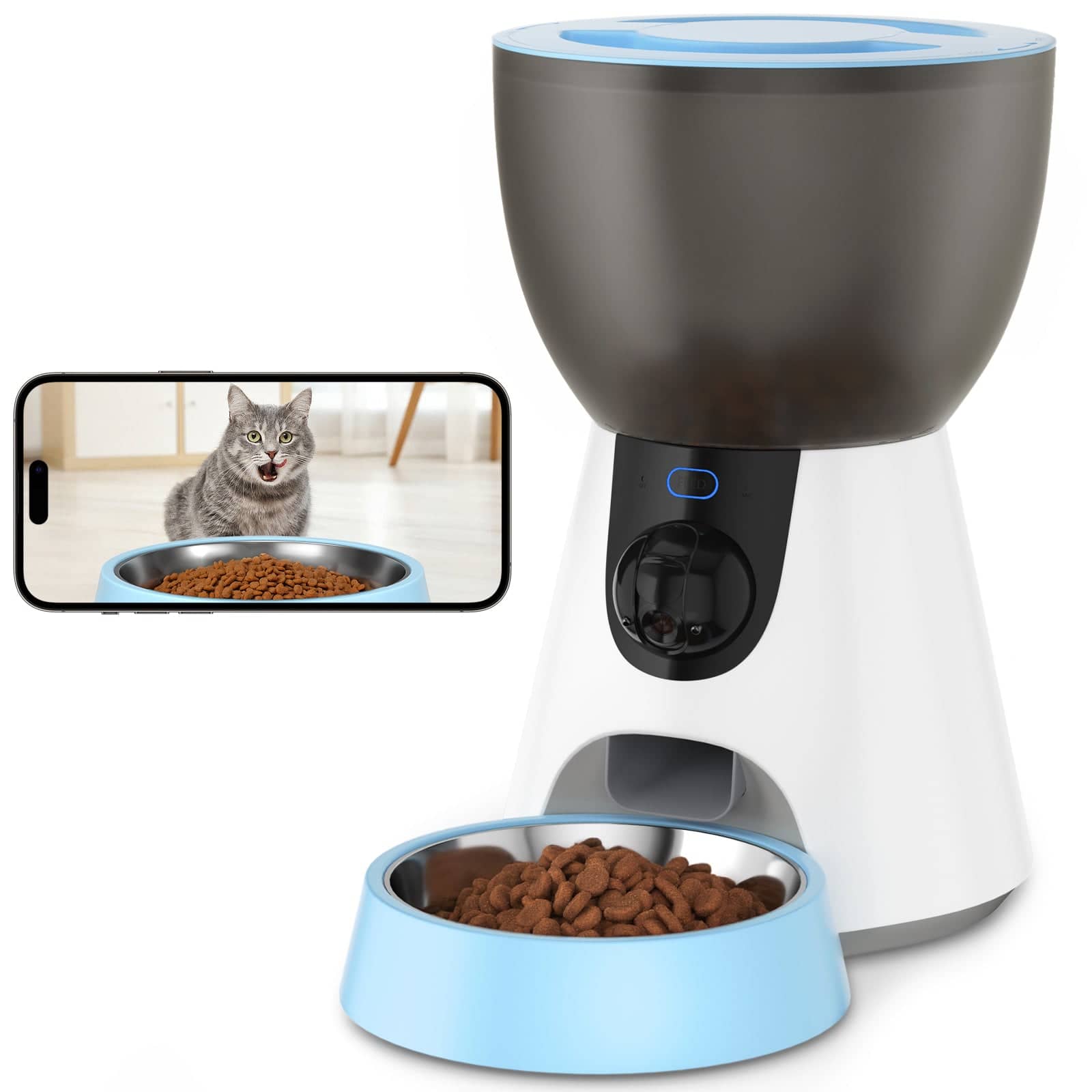Ownpets - 4L Automatic Cat Feeder with Camera 1304P HD Video with Night Vision - White Blue
