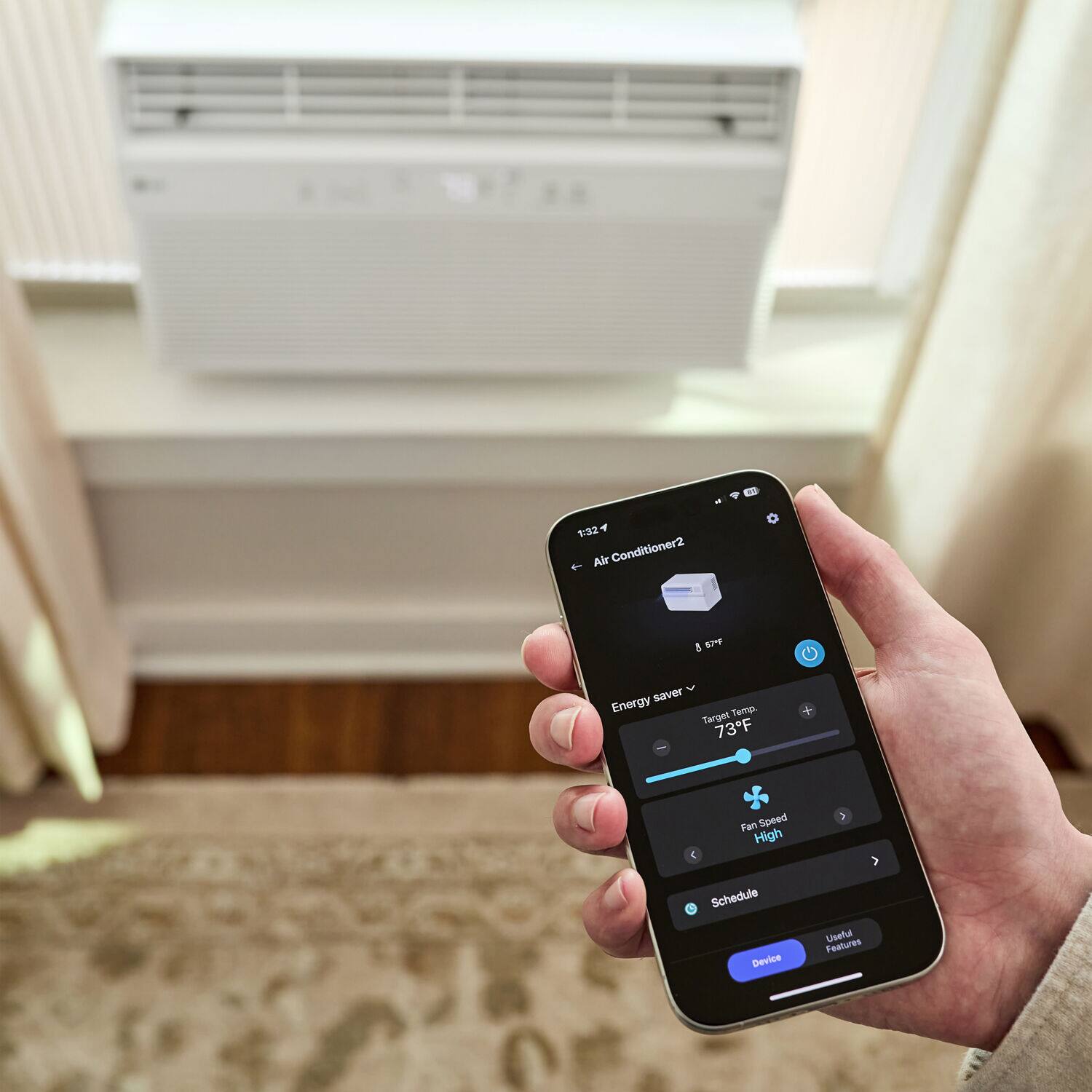 C 1:32 Air Conditioner2  
Energy saver  
Target Temp 73°F  
Fan Speed High  
Schedule  
Device  
Useful Features