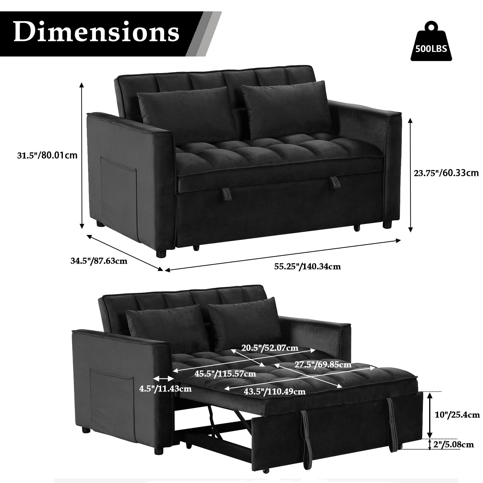 Dimensions: 500LBS, 31.5" (80.01cm), 23.75" (60.33cm), 34.5" (87.63cm), 55.25" (140.34cm), 20.5" (52.07cm), 27.5" (69.85cm), 45.5" (115.57cm), 4.5" (11.43cm), 43.5" (110.49cm), 10" (25.4cm), 2" (5.08cm).