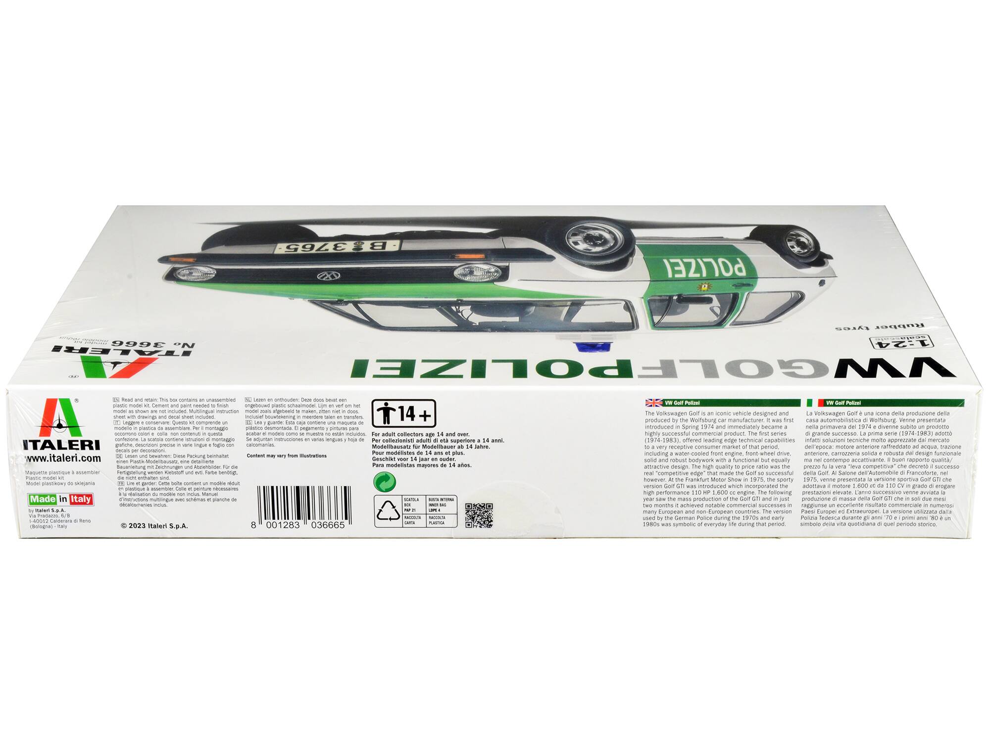 **Front Side:**

- **Top Left:**
  - POLIZEI 9995 N

- **Top Right:**
  - 1:22

- **Center:**
  - VW Golf Polizei

- **Bottom Left:**
  - ITALERI
  - Made in Italy
  - www.italeri.com
  - © 2023 Italeri S.p.A.
  - 001283 03665

- **Bottom Right:**
  - For adult collectors ages 14 and over.
  - Modellbau für Modellbauer ab 14 Jahre.
  - Para modelistas mayores de 14 años.

**Back Side:**

- **Top Left:**
  - ITALERI
  - Made in Italy
  - www.italeri.com
  - © 2023 Italeri S.p.A.
  - 001283 03665

- **Top Right:**
  - 14+

- **Middle Left:**
  - Read and retain. This box contains an unassembled plastic model as shown. The model is not included.