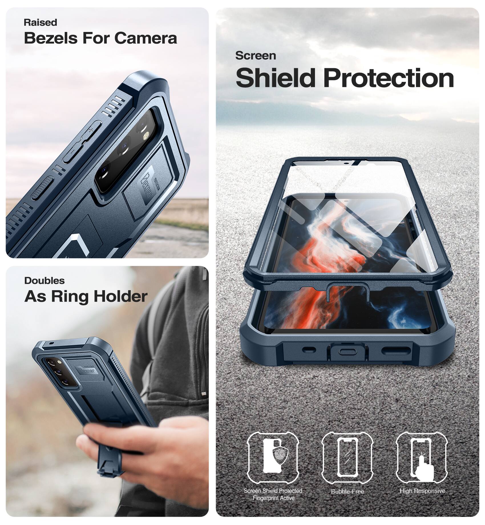 Raised Bezels For Camera  
Screen Shield Protection  
Doubles As Ring Holder  

Screen Shield Protected  
Fingerprint Active  
Bubble-Free  
High Responsive