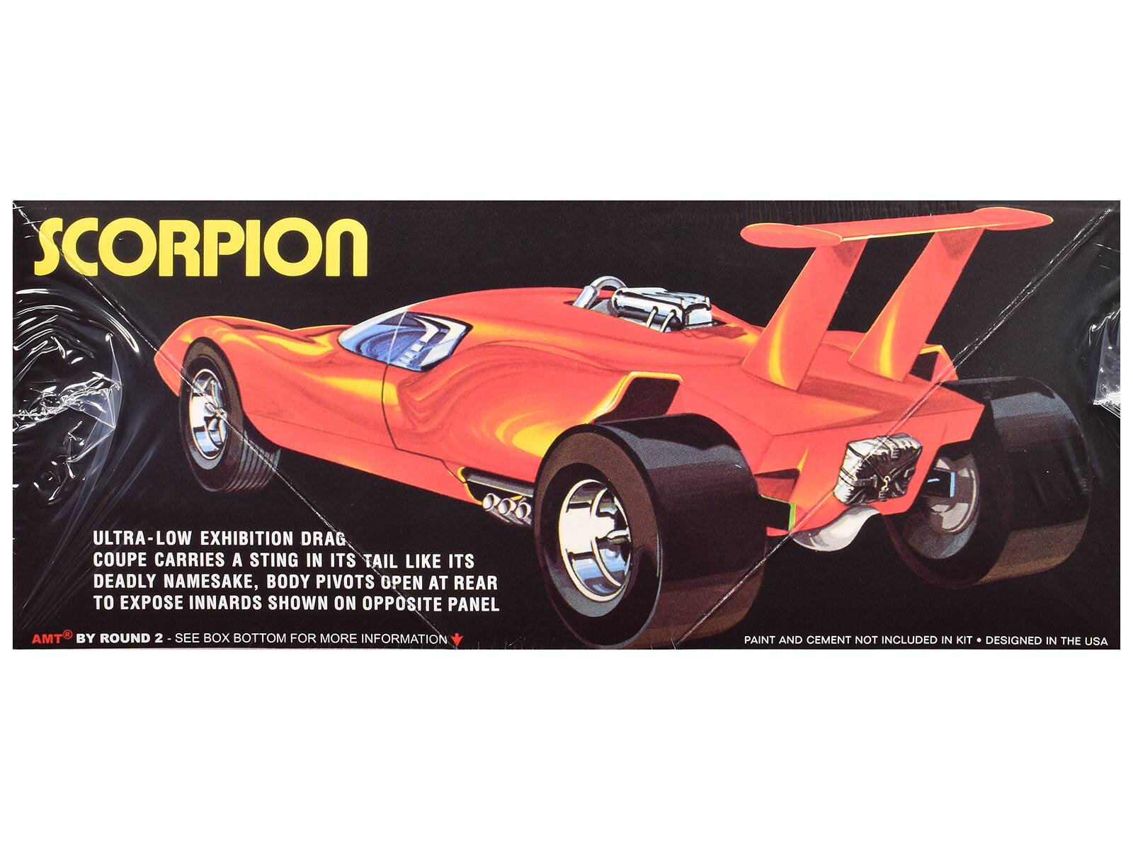 SCORPION

ULTRA-LOW EXHIBITION DRAG COUPE CARRIES A STING IN ITS TAIL LIKE ITS DEADLY NAMESAKE, BODY PIVOTS OPEN AT REAR TO EXPOSE INNARDS SHOWN ON OPPOSITE PANEL

BY ROUND 2 - SEE BOX BOTTOM FOR MORE INFORMATION

PAINT AND CEMENT NOT INCLUDED IN KIT • DESIGNED IN THE USA
