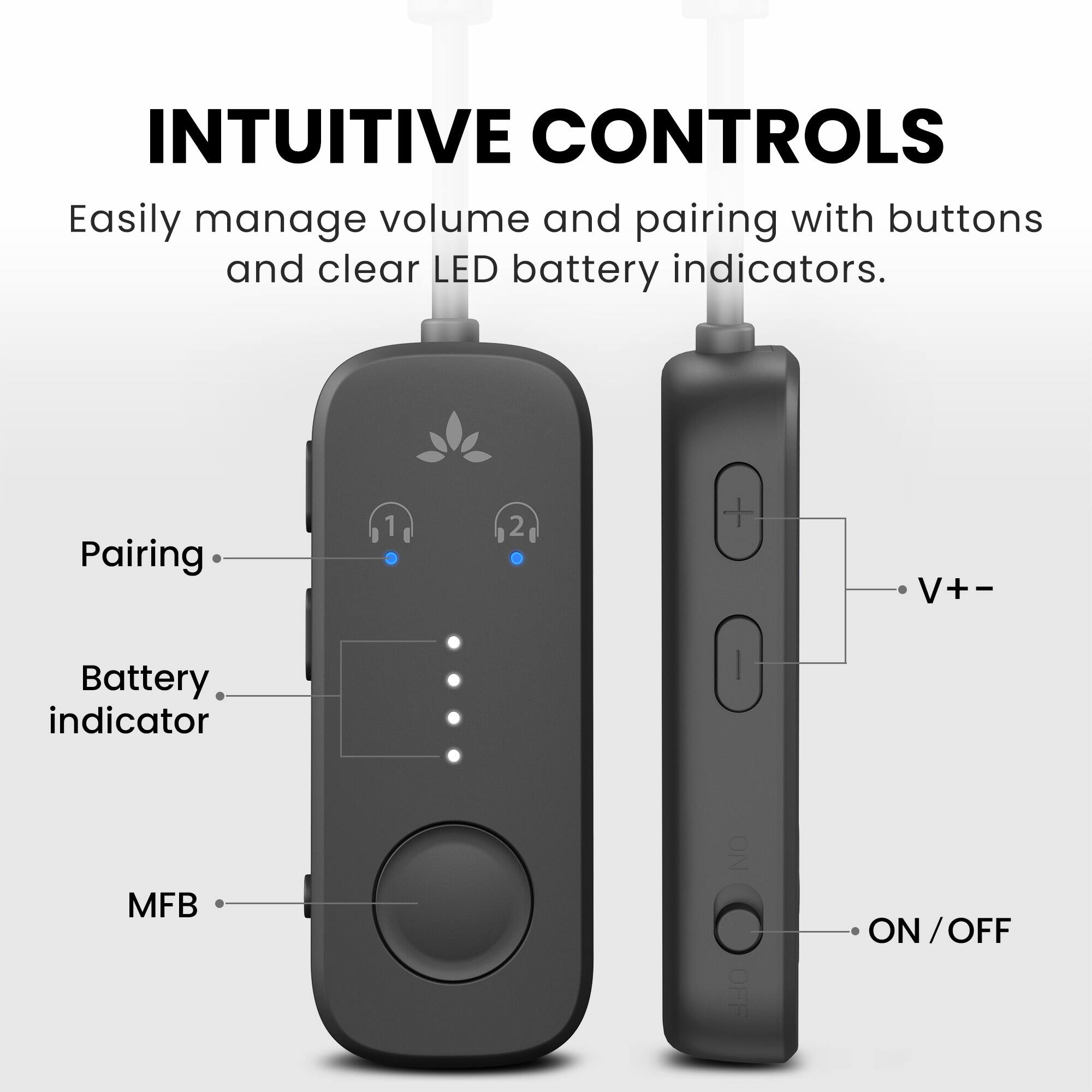 INTUITIVE CONTROLS

Easily manage volume and pairing with buttons and clear LED battery indicators.

- Pairing
- Battery indicator
- MFB
- V+-
- ON / OFF