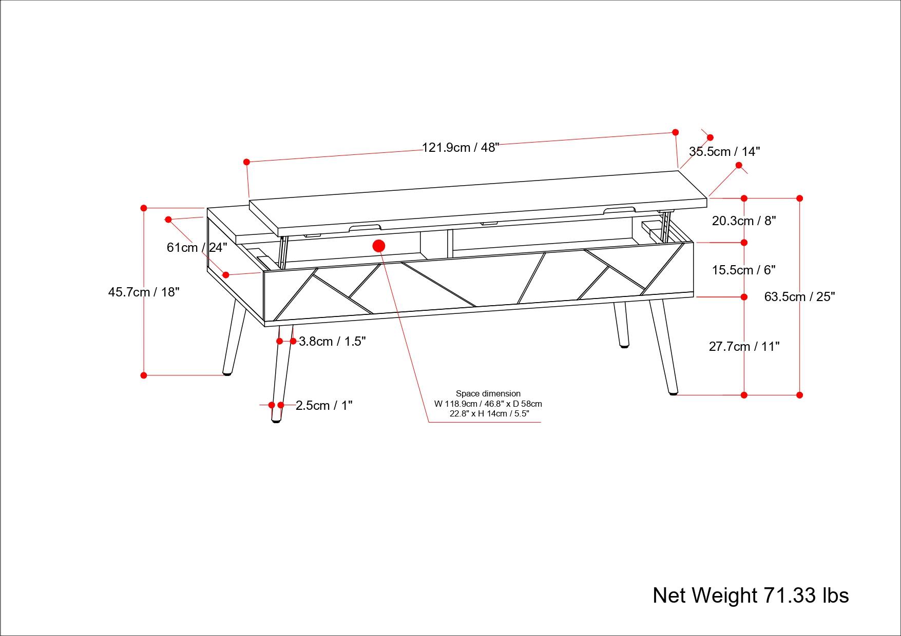 The image shows a table with a net weight of 71.33 lbs. The table is made of wood and has a total length of 121.9 cm or 48 inches. The table is 35.5 cm or 14 inches wide, and it is 20.3 cm or 8 inches tall. The table also has a total height of 61 cm or 24 inches. The table is supported by legs that are 45.7 cm or 18 inches tall. The table is designed to be sturdy and functional, providing a comfortable surface for various activities.