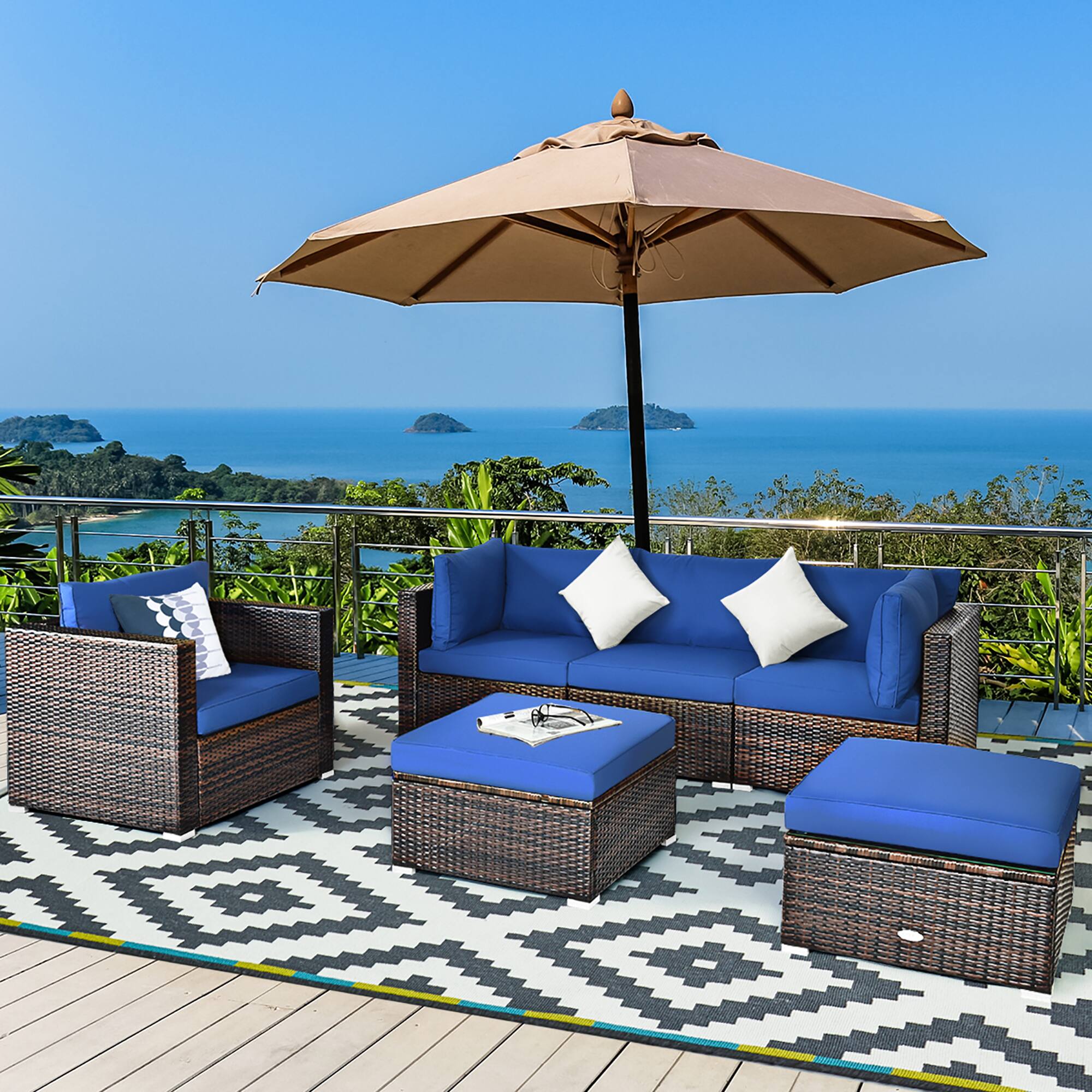 Alt View 3. Costway - 6PCS Patio Rattan Furniture Set Sofa Coffee Table Ottoman - Navy.
