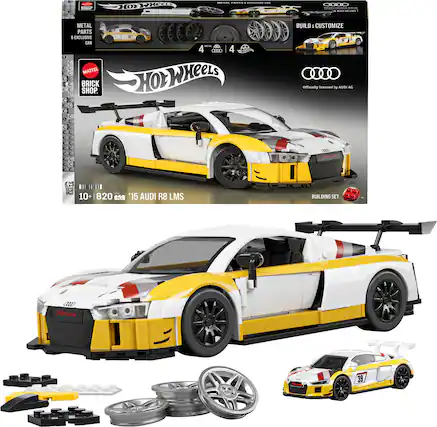 - METAL PARTS & EXCLUSIVE CAR
- HOT WHEELS
- BUILD & CUSTOMIZE
- 4 METAL WHEELS
- OFFICIALLY LICENSED BY AUDI AG
- 10+ | 820 PCS '15 AUDI R8 LMS
- BUILDING SET
- MATTEL BRICK SHOP