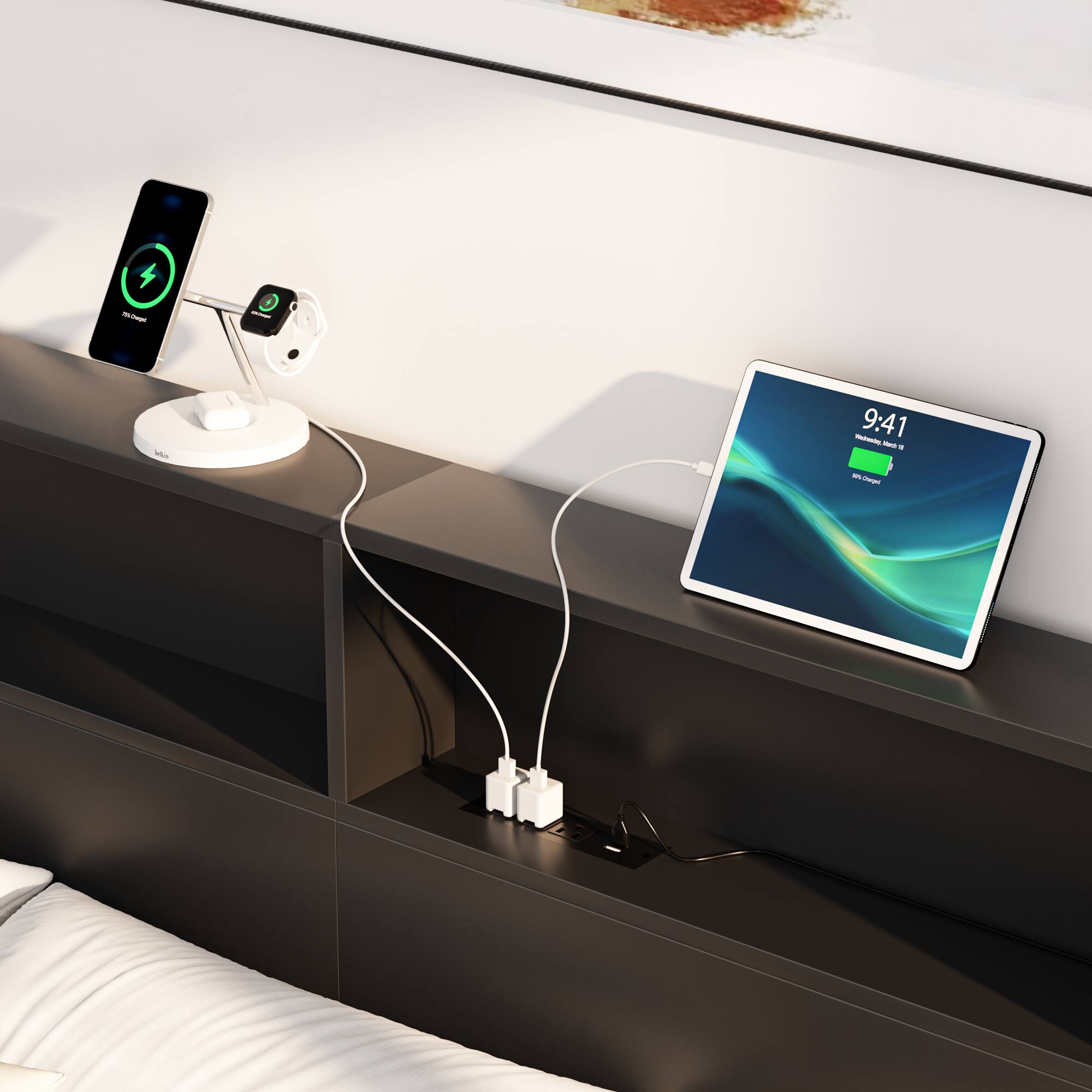 Alt View 1. Aheaplus - Industrial Metal Bed Frame: Storage Headboard / Charging, LED Lights, Steel Slats, No Box Spring, Easy Assembly - Black.