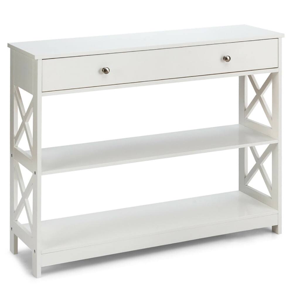 Alt View 5. Kadyn - 3-Tier Console Table with Drawers for Living Room Entryway-White, Narrow Console Table, Entryway Hall Table with Shelves - White.