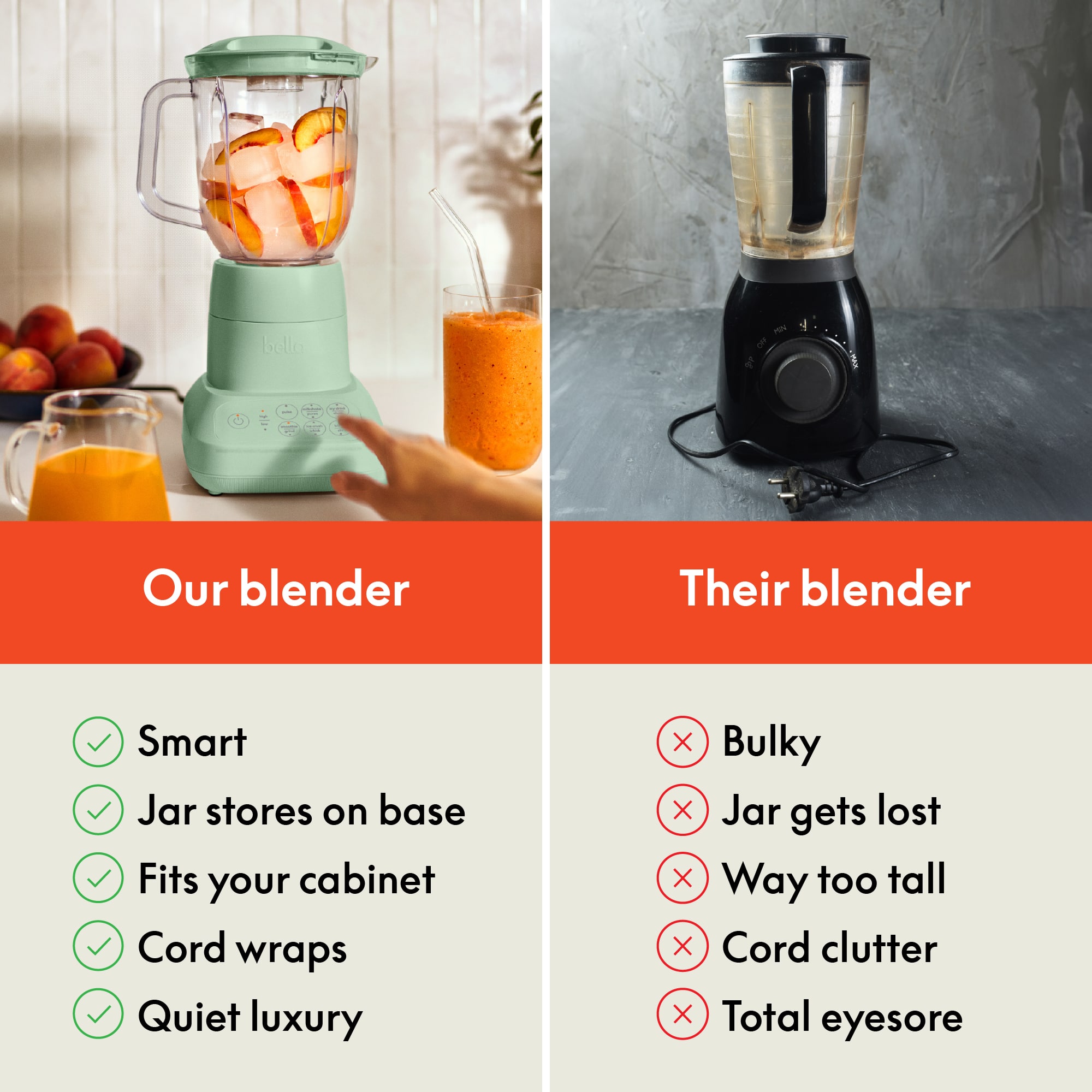 **Our blender**
- Smart
- Jar stores on base
- Fits your cabinet
- Cord wraps
- Quiet luxury
**Their blender**
- Bulky
- Jar gets lost
- Way too tall
- Cord clutter
- Total eyesore