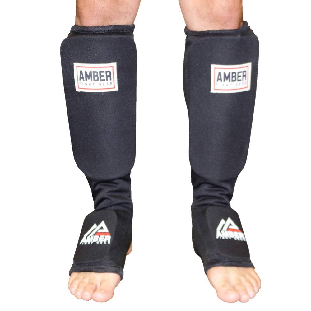 Amber Sporting Goods - Nylon Shin and Instep Protectors for Muay Thai, Kickboxing, MMA, Thick Padding, Impact Protection, Pair of Shin Guards - Black