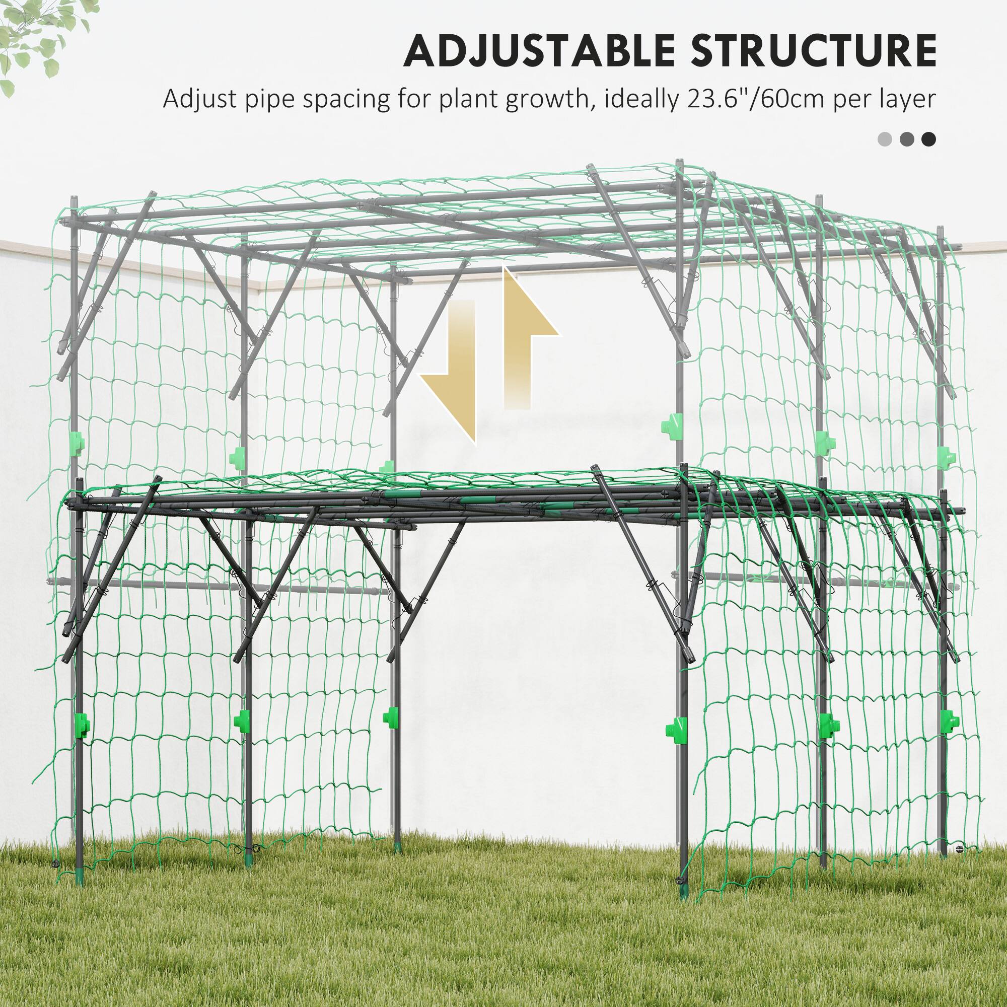 ADJUSTABLE STRUCTURE  
Adjust pipe spacing for plant growth, ideally 23.6"/60cm per layer