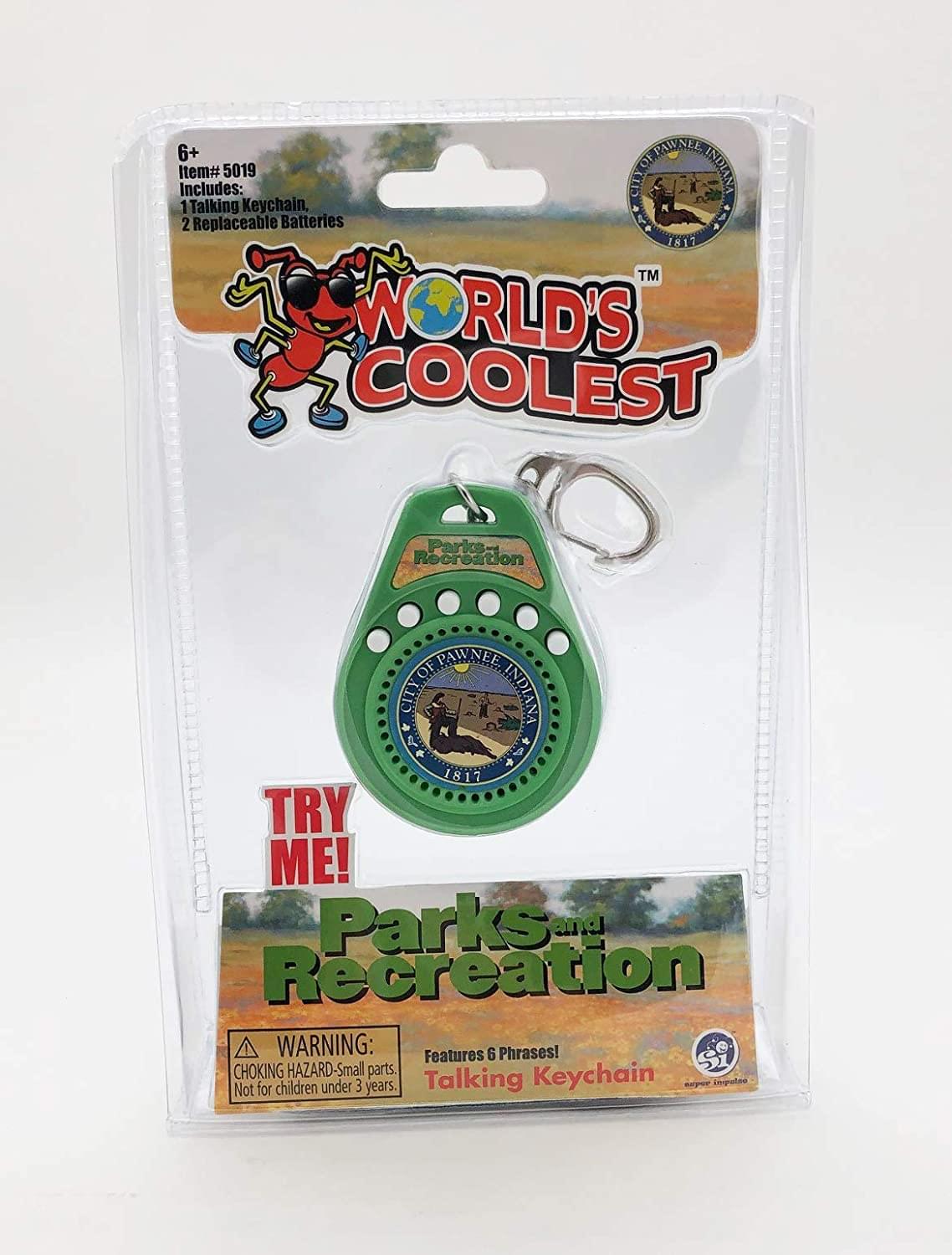 6+  
Item# 5019  
Includes:  
1 Talking Keychain,  
2 Replaceable Batteries  

WORLD'S COOLEST  
TM  

PAWNEE, INDIANA  
1817  

TRY ME!  

Parks and Recreation  
Features 6 Phrases!  
Talking Keychain  

WARNING:  
CHOKING HAZARD - Small parts.  
Not for children under 3 years.