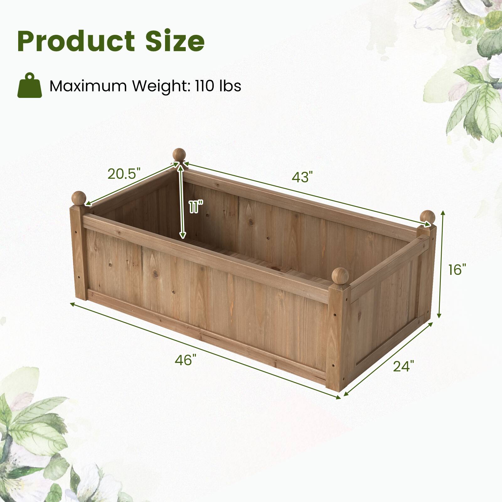 Product Size  
Maximum Weight: 110 lbs  
20.5" x 43" x 11" x 16" x 46" x 24"
