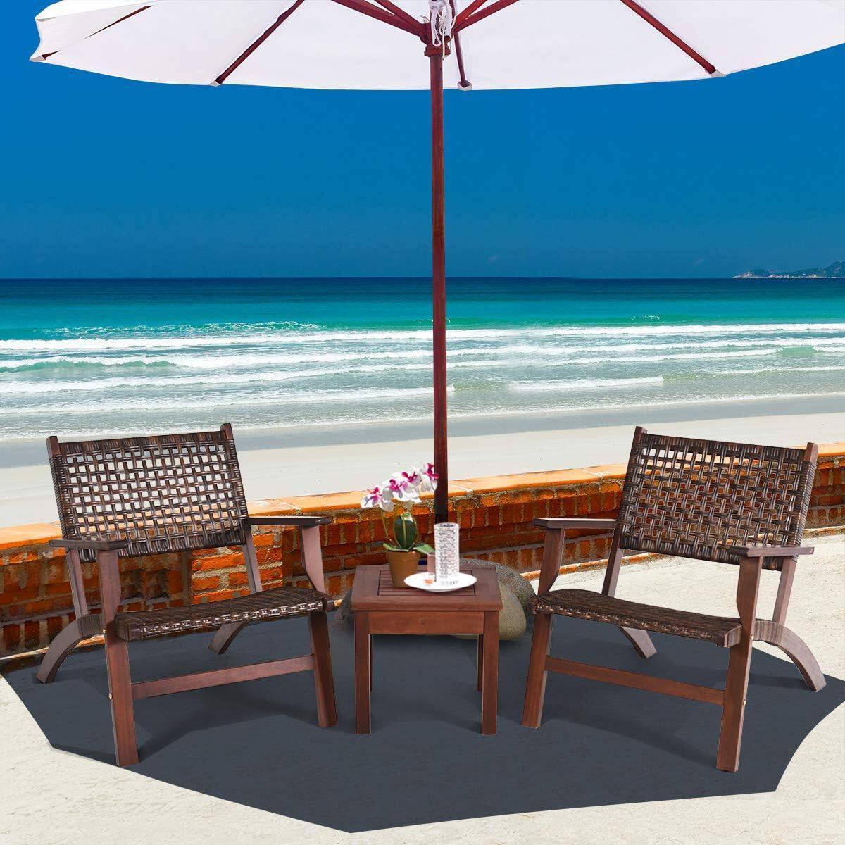Back. Hivvago - Solid Wood and Rattan 3-Piece Outdoor Patio Furniture Table Chairs Set - brown.