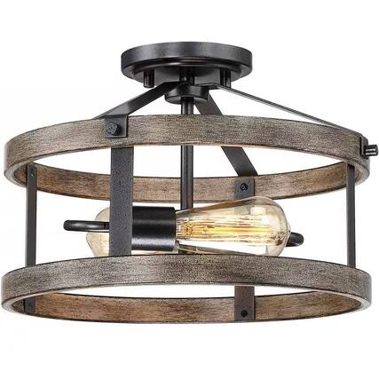 Front. Hivvago - Round 13-inch Metal Wood Farmhouse 2-Light Ceiling Lamp - Semi-Flush Mount - Rustic Brown.