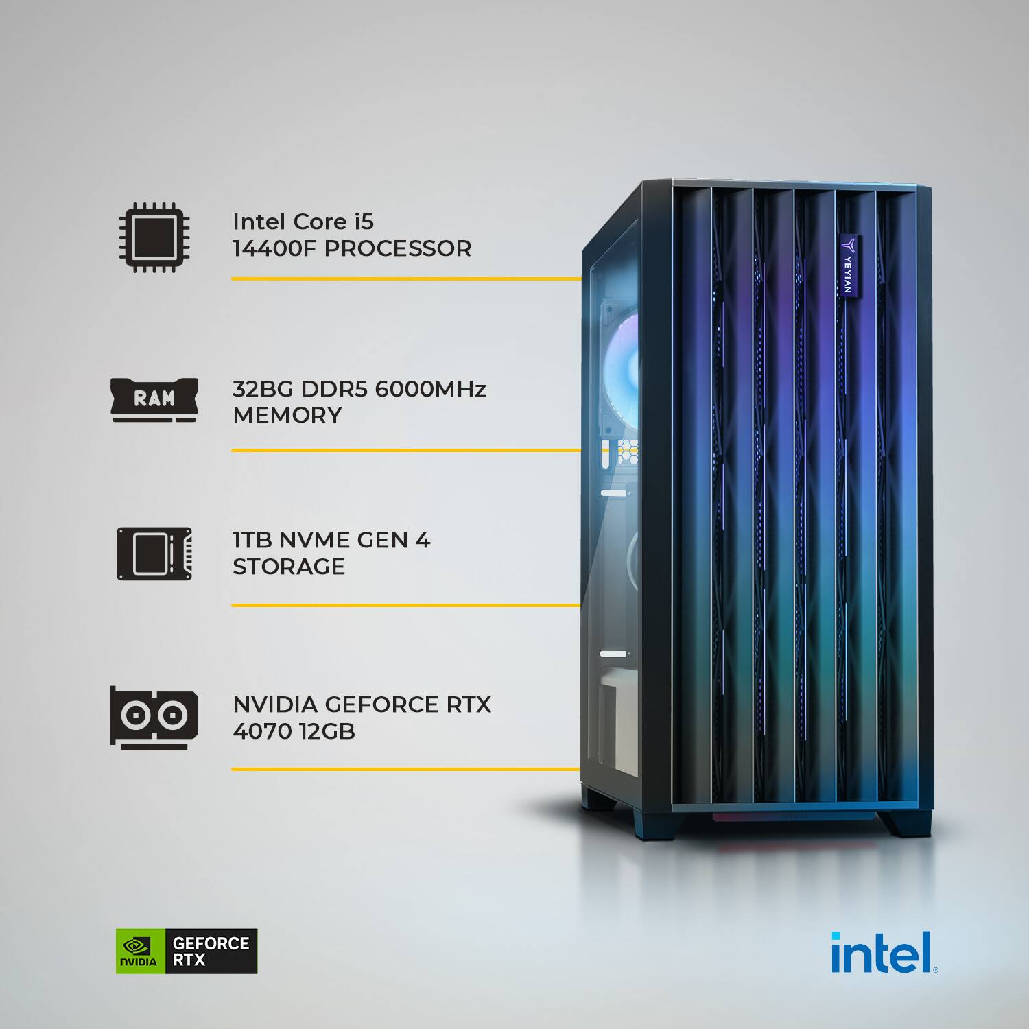 Intel Core i5 14400F Processor, 32GB DDR5 6000MHz Memory, 1TB NVMe Gen 4 Storage, NVIDIA GeForce RTX 4070 12GB.