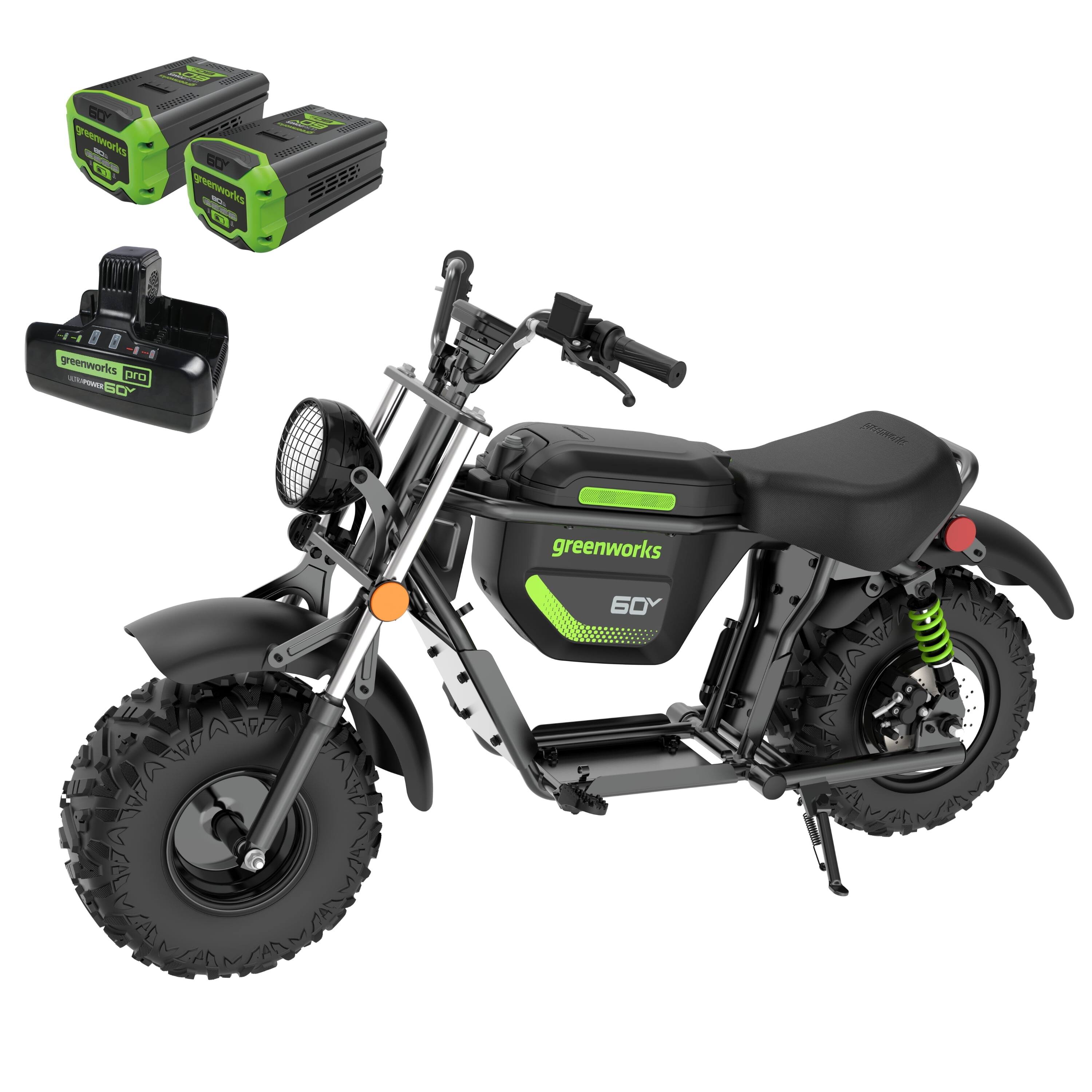 Front. Greenworks - Greenworks 60V Electric Mini Bike for Adult with (2) 8.0Ah Battery & 10A Dual Port Rapid Charger - Green.