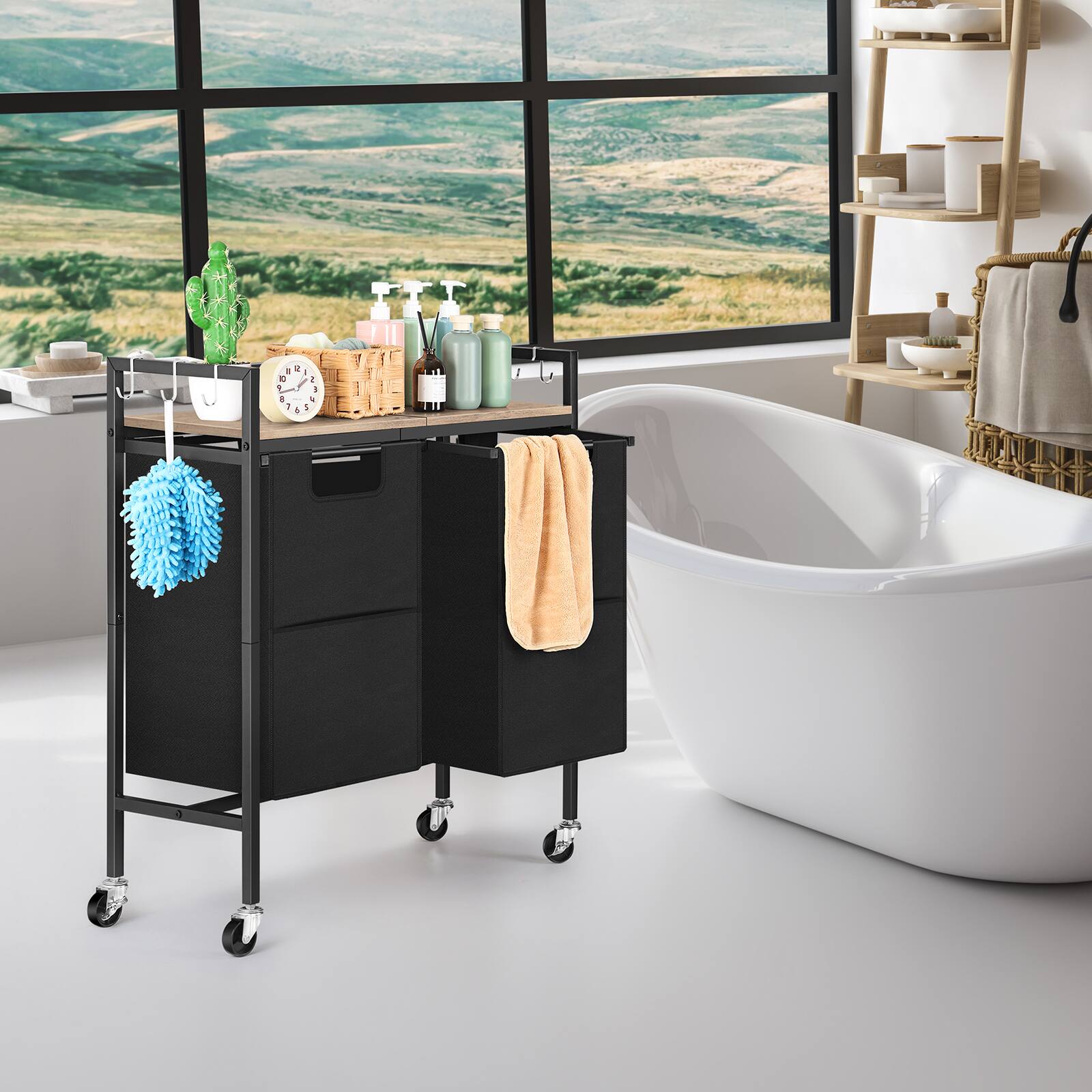 Alt View 1. Oumilen - 2-Bag Rolling Laundry Sorter Cart with 6 Flat Hooks – Matte Black Metal Frame & Removable Bags - Light Gray.