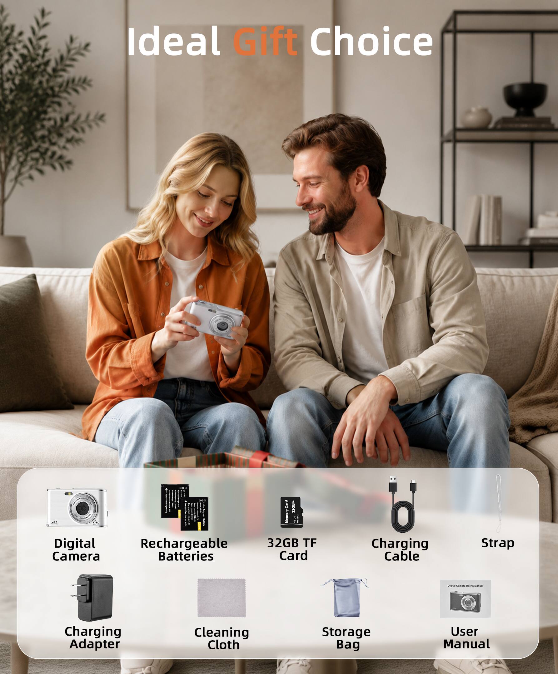 Ideal Gift Choice - I Digital Rechargeable Camera Batteries i 32GB TF Card 0 Charging Cable Strap - i - Charging Adapter Cleaning Cloth Storage Bag User Manual