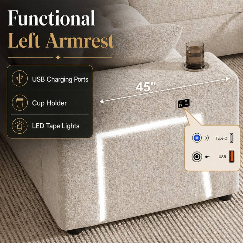 Functional Left Armrest  
USB Charging Ports  
Cup Holder  
LED Tape Lights  
Type-C USB