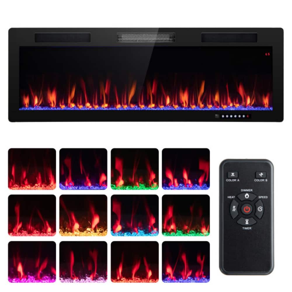 HONGGE - Wall Mounted and Recessed Electric Fireplace with Remote and Multi Flame Colors - Black
