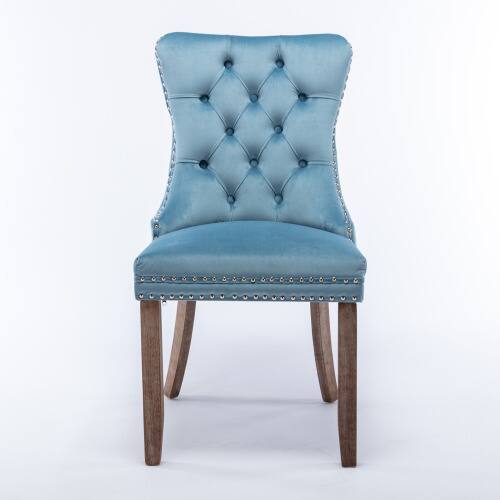 Angle. LUCKY ONE - Assembled Tufted Velvet Dining Chair Set of 2 with Wood Legs Nailhead Trim High Back - Light Blue.