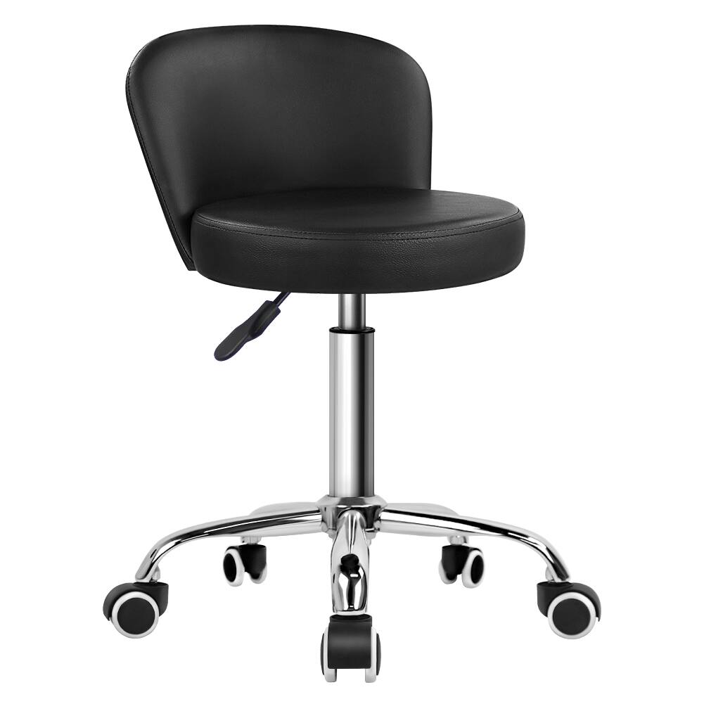 KKTONER - Rolling Vanity Chair with Backrest Height Adjustable Office Chair PU Leather Swivel Drafting Stool with Wheels - Black