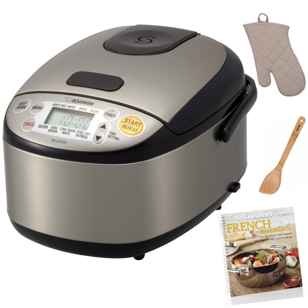 Sure, here is the corrected and grouped text from the image:

**Zojirushi Rice Cooker:**
- KEEP WARM
- MENU
- WHITE RICE/MIXED RICE
- QUICK
- SUSHI
- TIMER
- CANCEL
- BROWN
- GABA
- LONG GRAIN
- STEEL CUT
- OATMEAL
- START
- REHEAT
- TIME SETTING
- NS-LGC05

**Cuisinart French Essentials:**
- Cuisinart FRENCH essentials
- dinner recipes from the art of cooking