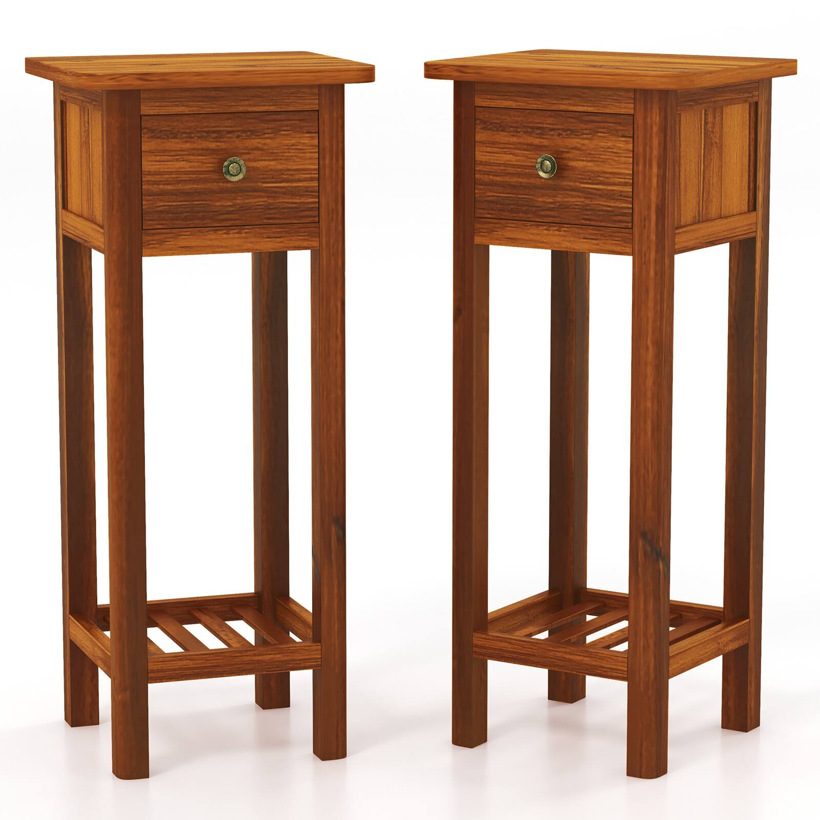 Alt View 8. Costway - Costway 2PCS Solid Wood Side Table with Acacia Wood Top Drawer & Open Shelf Small Nightstand - Natural.