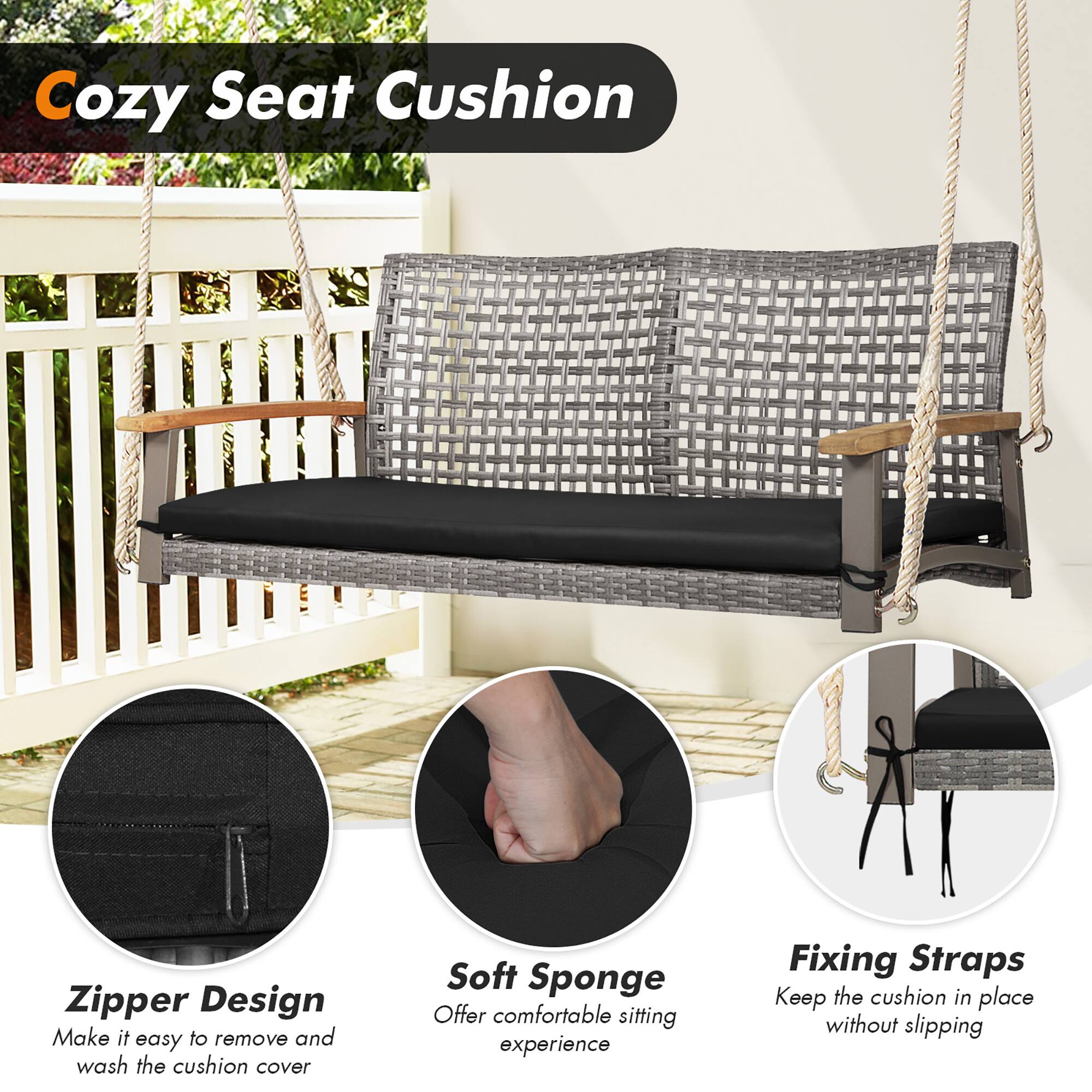 Cozy Seat Cushion

Zipper Design
Make it easy to remove and wash the cushion cover

Soft Sponge
Offer comfortable sitting experience

Fixing Straps
Keep the cushion in place without slipping
