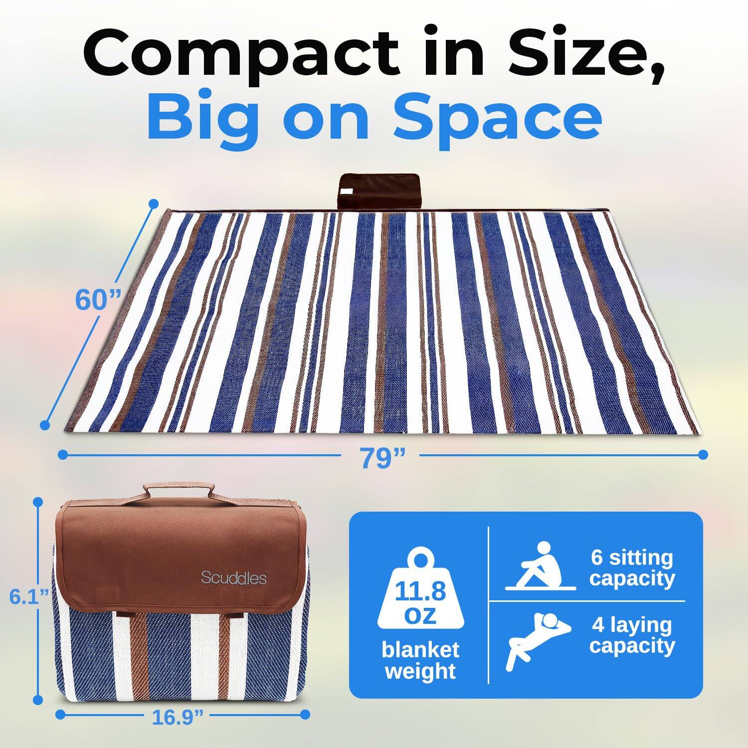 Compact in Size, Big on Space

60" x 79"  
6.1" x 16.9"  
11.8 oz blanket weight  
6 sitting capacity  
4 laying capacity
