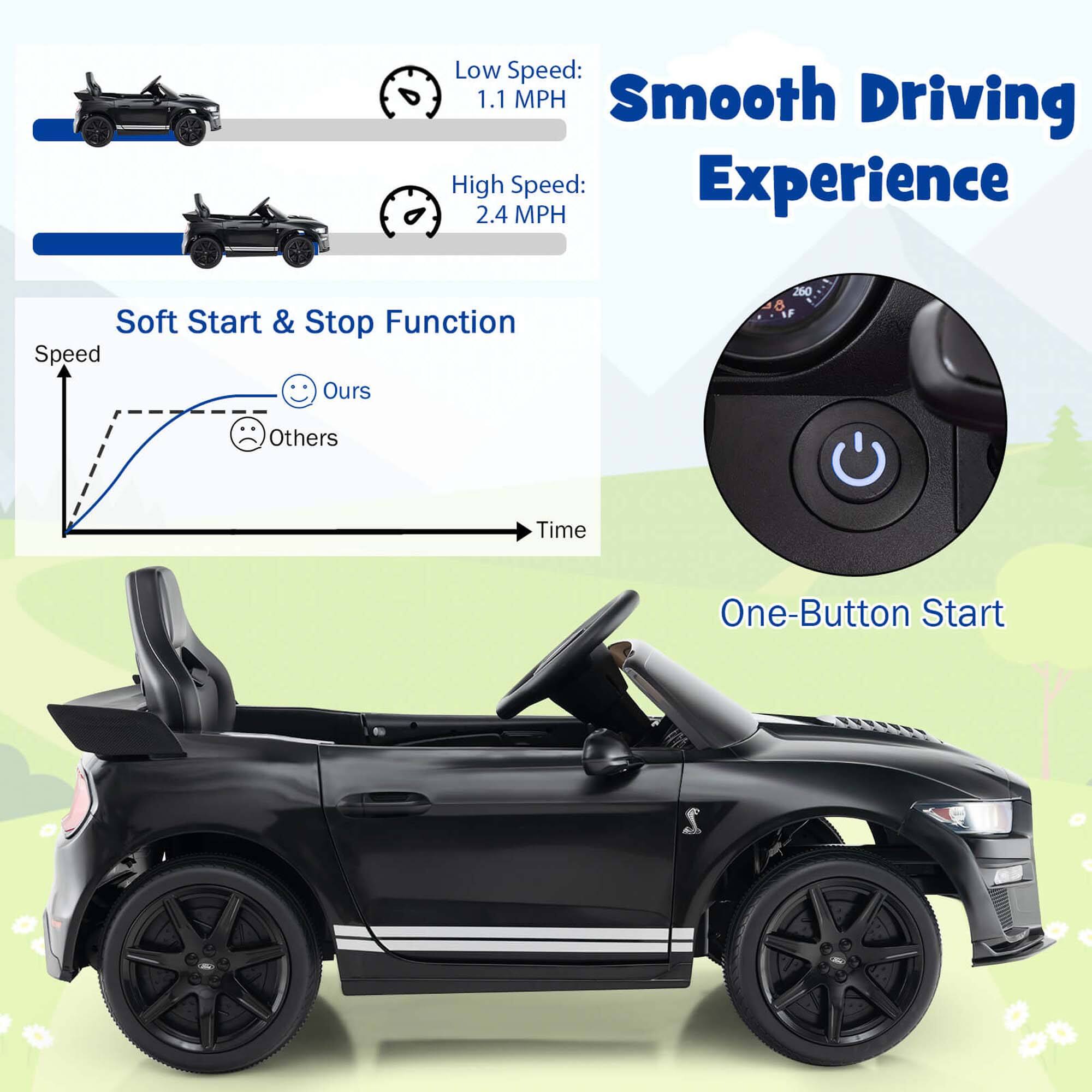 Smooth Driving Experience

Low Speed: 1.1 MPH  
High Speed: 2.4 MPH

Soft Start & Stop Function  
Speed  
Ours  
Others  
Time

One-Button Start