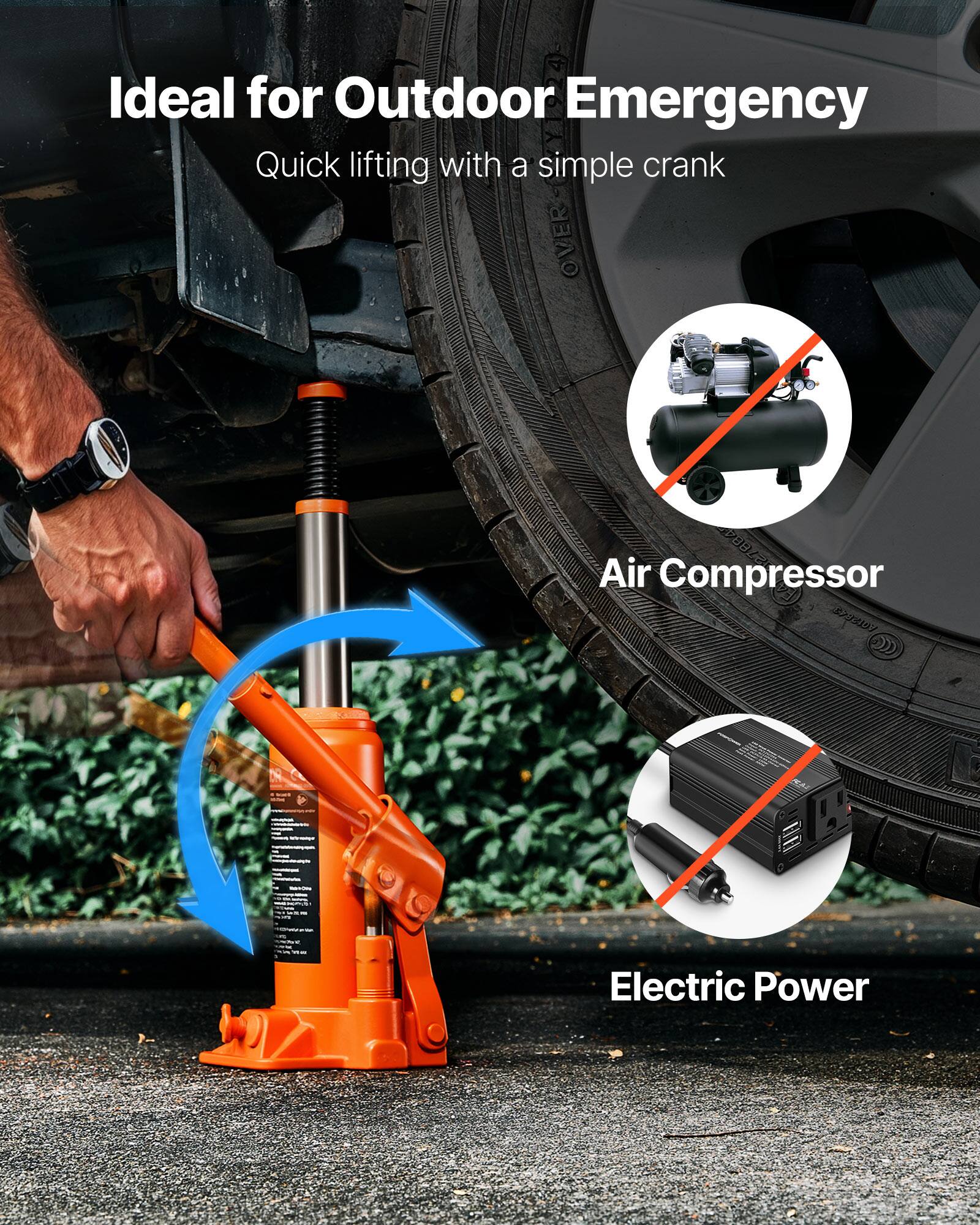 Ideal for Outdoor Emergency  
Quick lifting with a simple crank  

Air Compressor  
Electric Power
