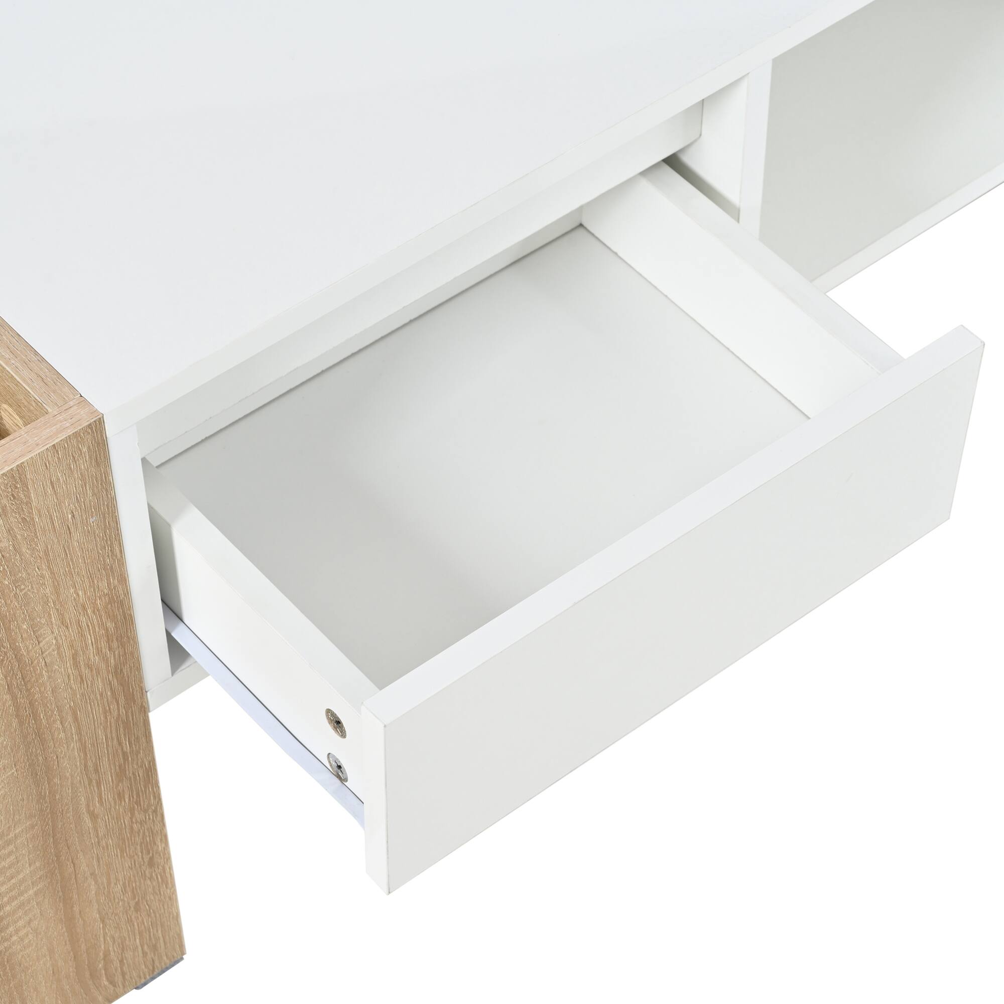 Alt View 9. GOODSILO - Stylish High Gloss Coffee Table with Hidden Storage Drawers and Open Shelf for Living Room or Bedroom - White+Natural.