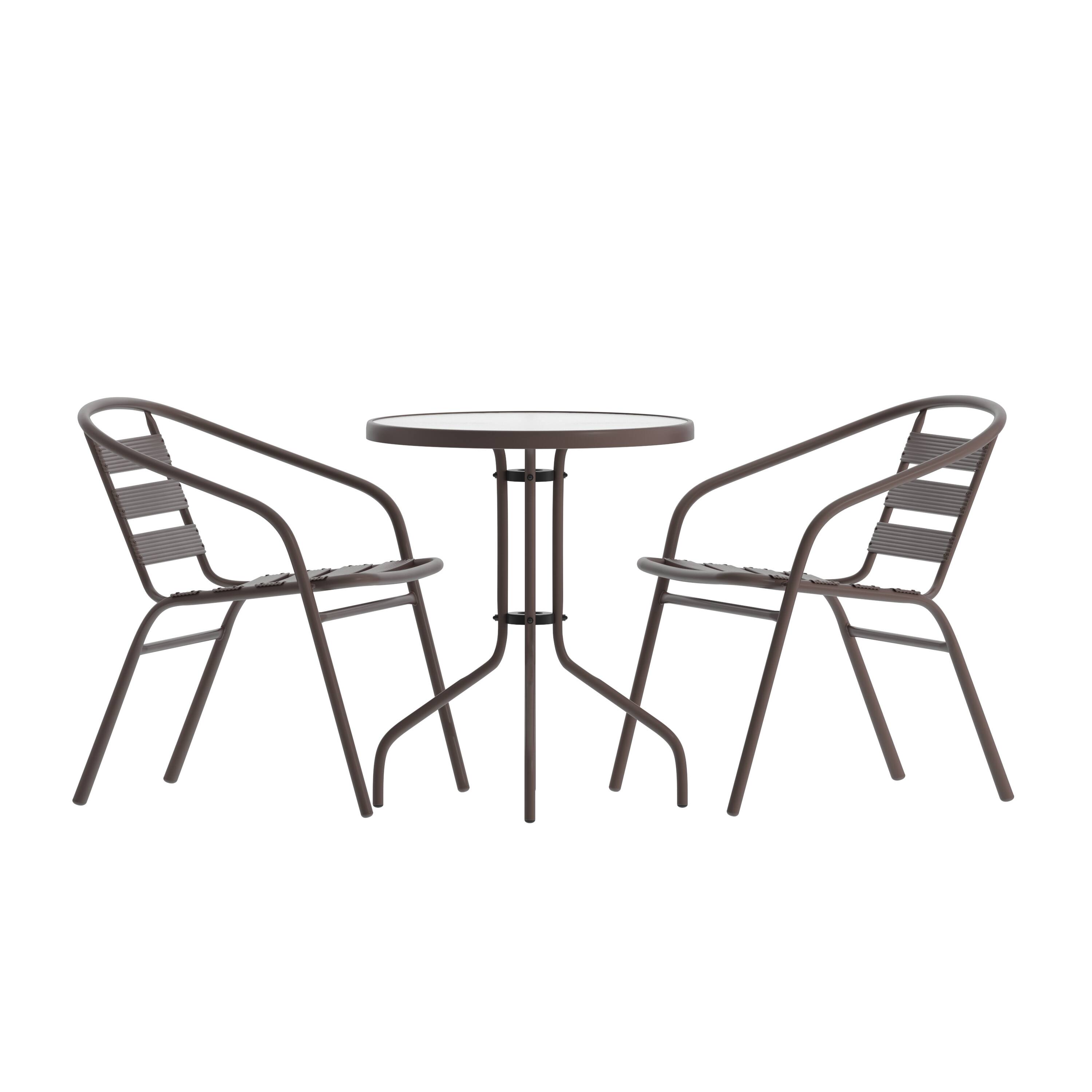 Emma + Oliver - Rhea 23.75'' Round Glass Top Metal Table with 2 Aluminum Slat Stack Chairs - Bronze price history on PriceWatchPro
