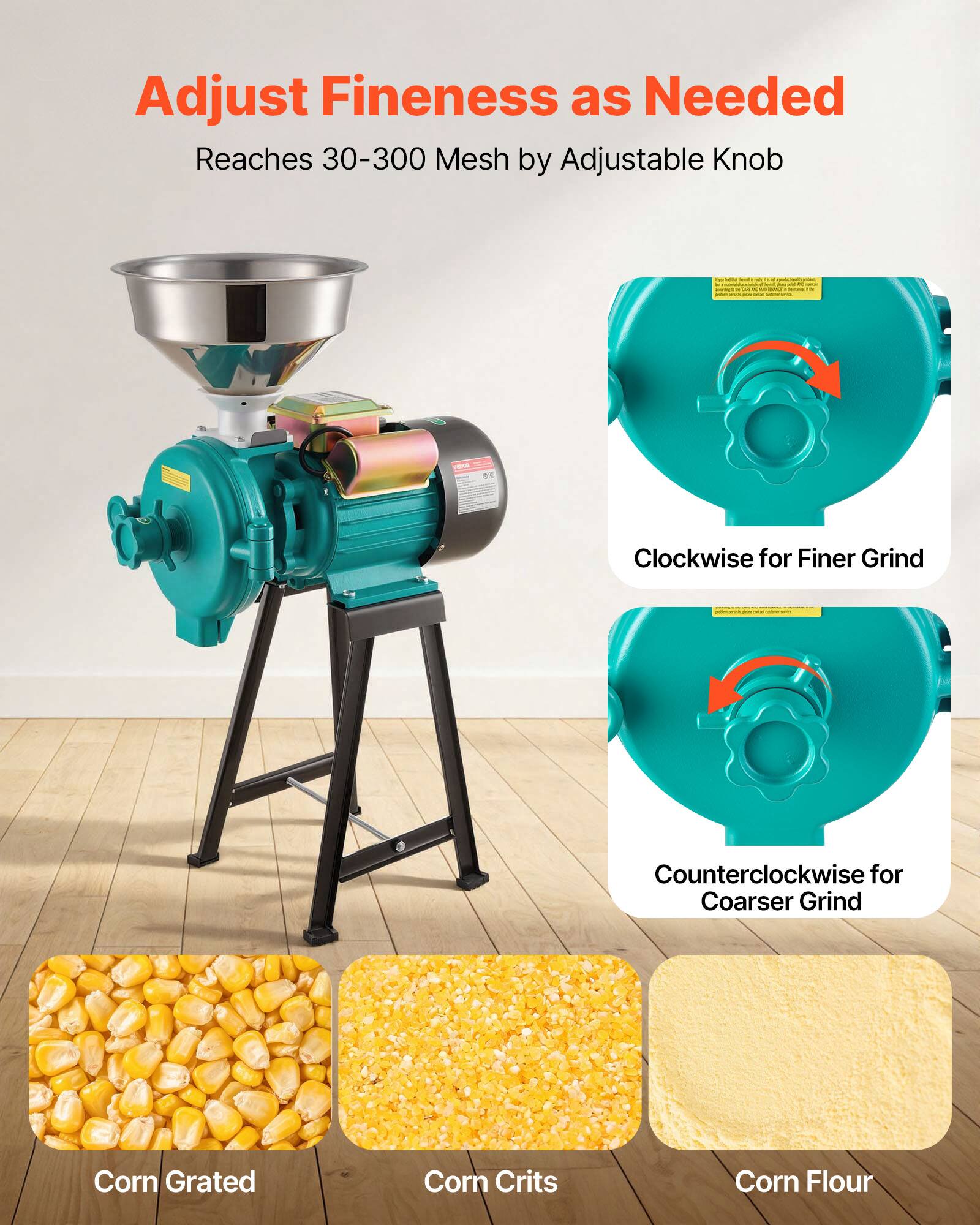 Adjust Fineness as Needed  
Reaches 30-300 Mesh by Adjustable Knob

- - - - - - WIN Set FIN - - - - - -  
0%  
Clockwise for Finer Grind  
Counterclockwise for Coarser Grind

Corn Grated  
Corn Crits  
Corn Flour
