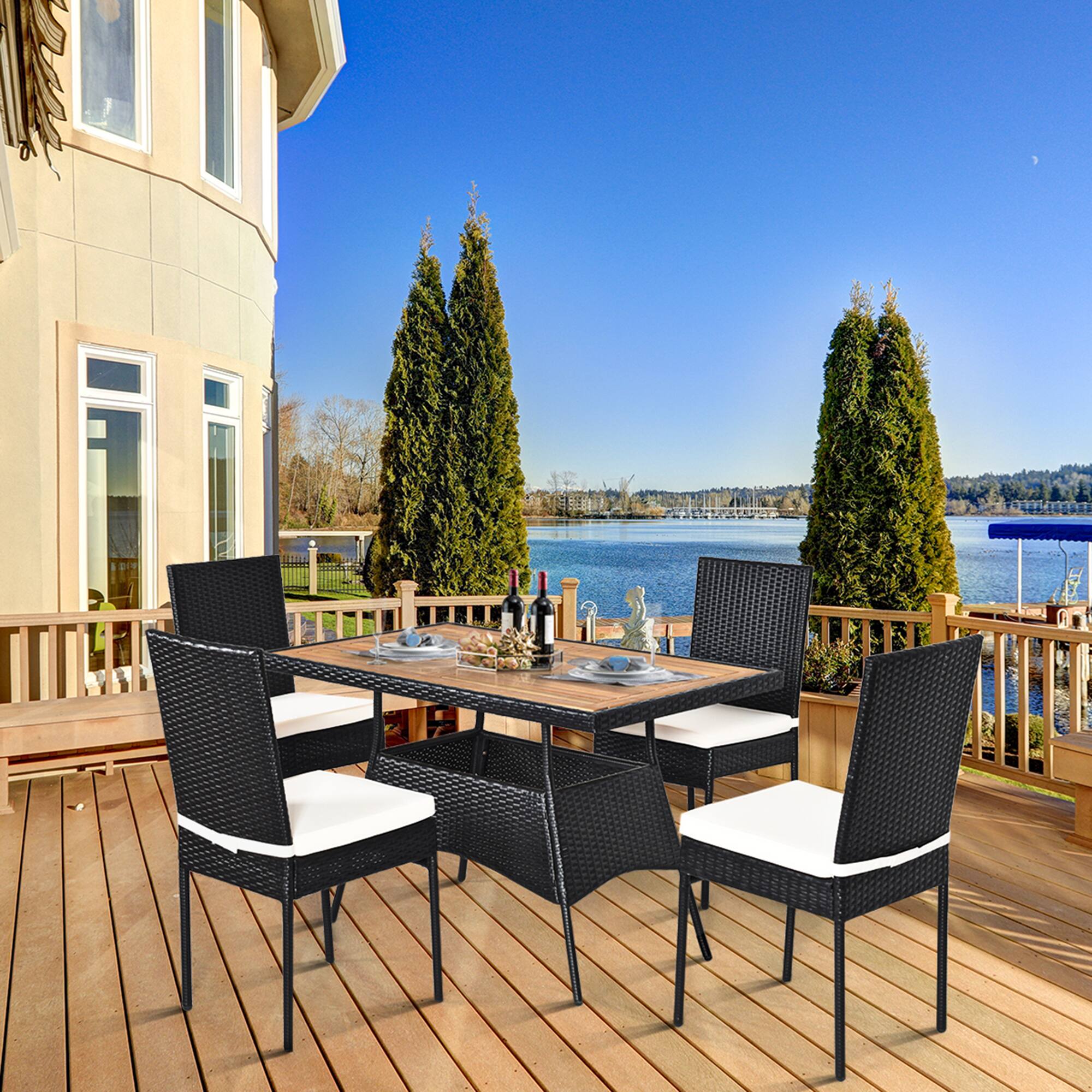 Alt View 4. Gymax - Gymax 5PCS Rattan Patio Dining Set Outdoor w/ Cushion Wooden Tabletop 4 Chairs - Black.